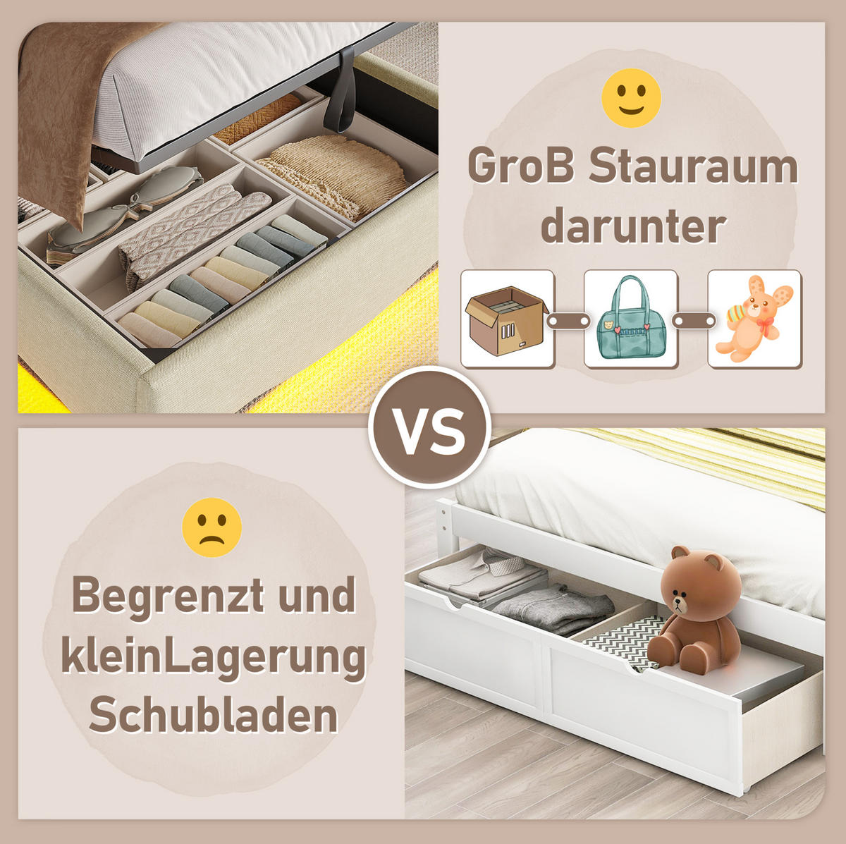 POLSTERBETT 90/200 cm Beige aus Leinen mit LED, USB und Stauraum - Beige, Textil (90/200cm) - OKMYHOME