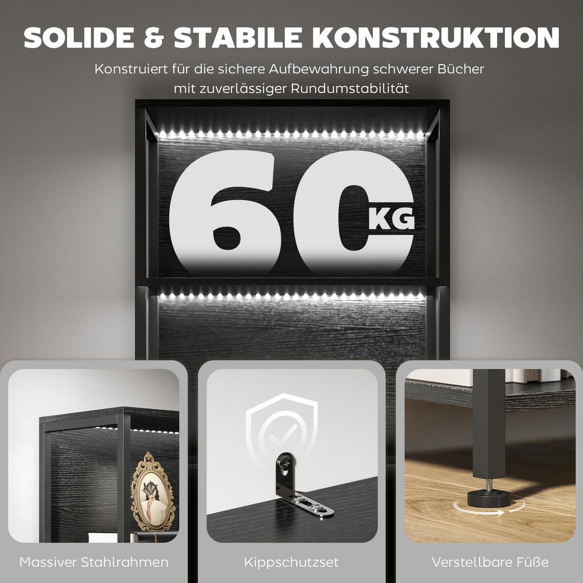 BÜCHERREGAL mit 5 Ebenen Standregal mit LED-Beleuchtung, 7 Lichtfarben, Schwarz - Schwarz, Holzwerkstoff/Metall (30/179/60cm) - HOMCOM