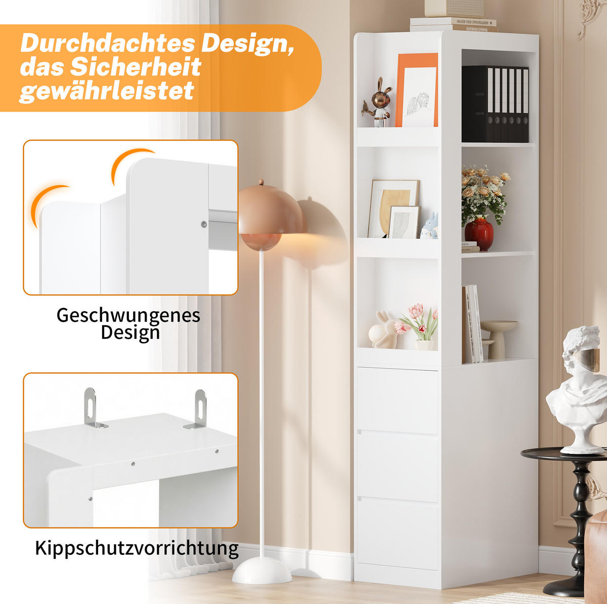BÜCHERREGAL schmal mit 3 Schubladen 40 cm tief, 200 cm hoch Weiß - Weiß, Holzwerkstoff (40/200/60cm) - Beauniv