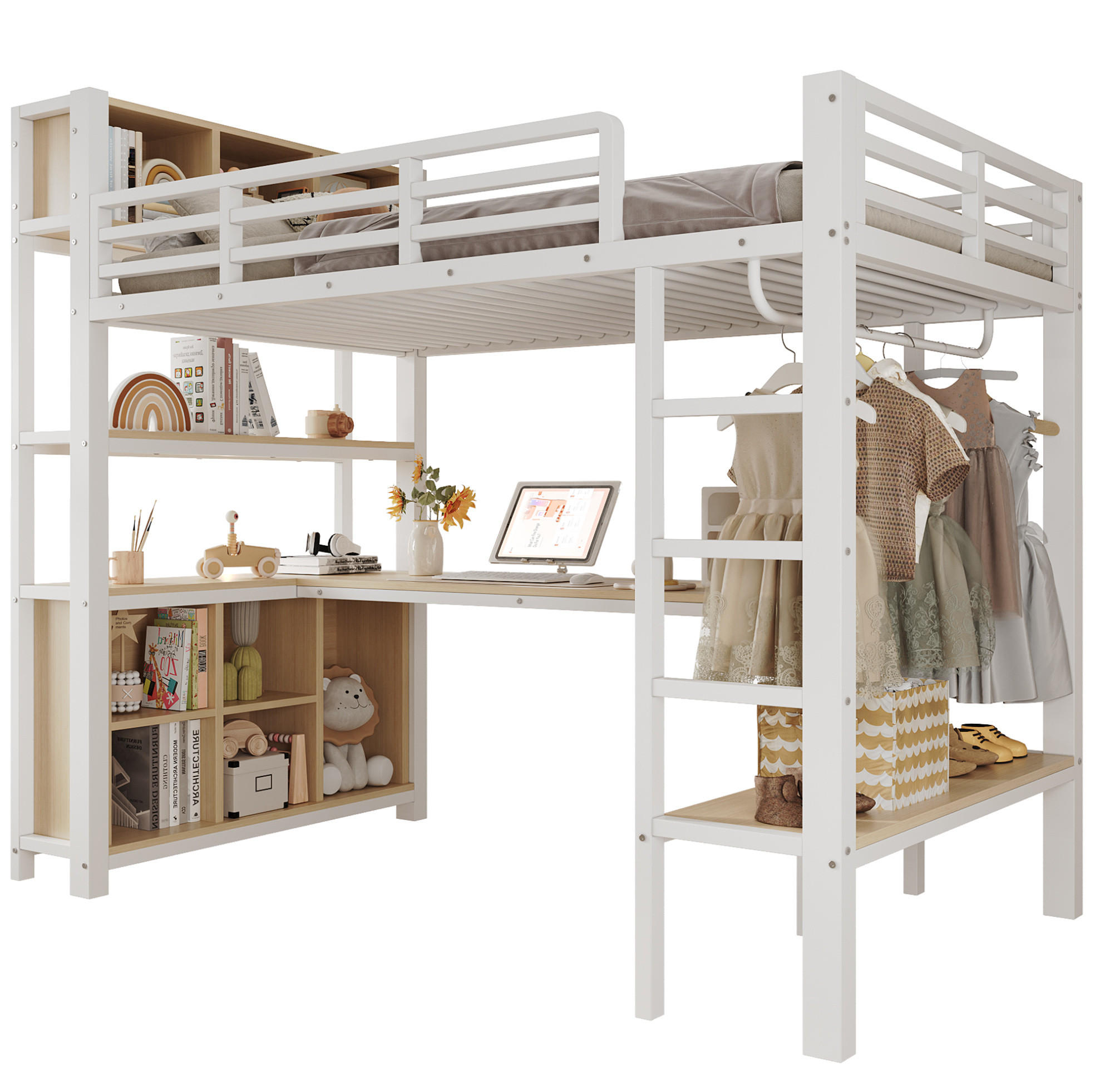 HOCHBETT Metall & MDF 90x200 cm Weiß mit Schreibtisch, Regalen und Kleiderstange - Weiß, Holzwerkstoff (90/200cm) - Modfu