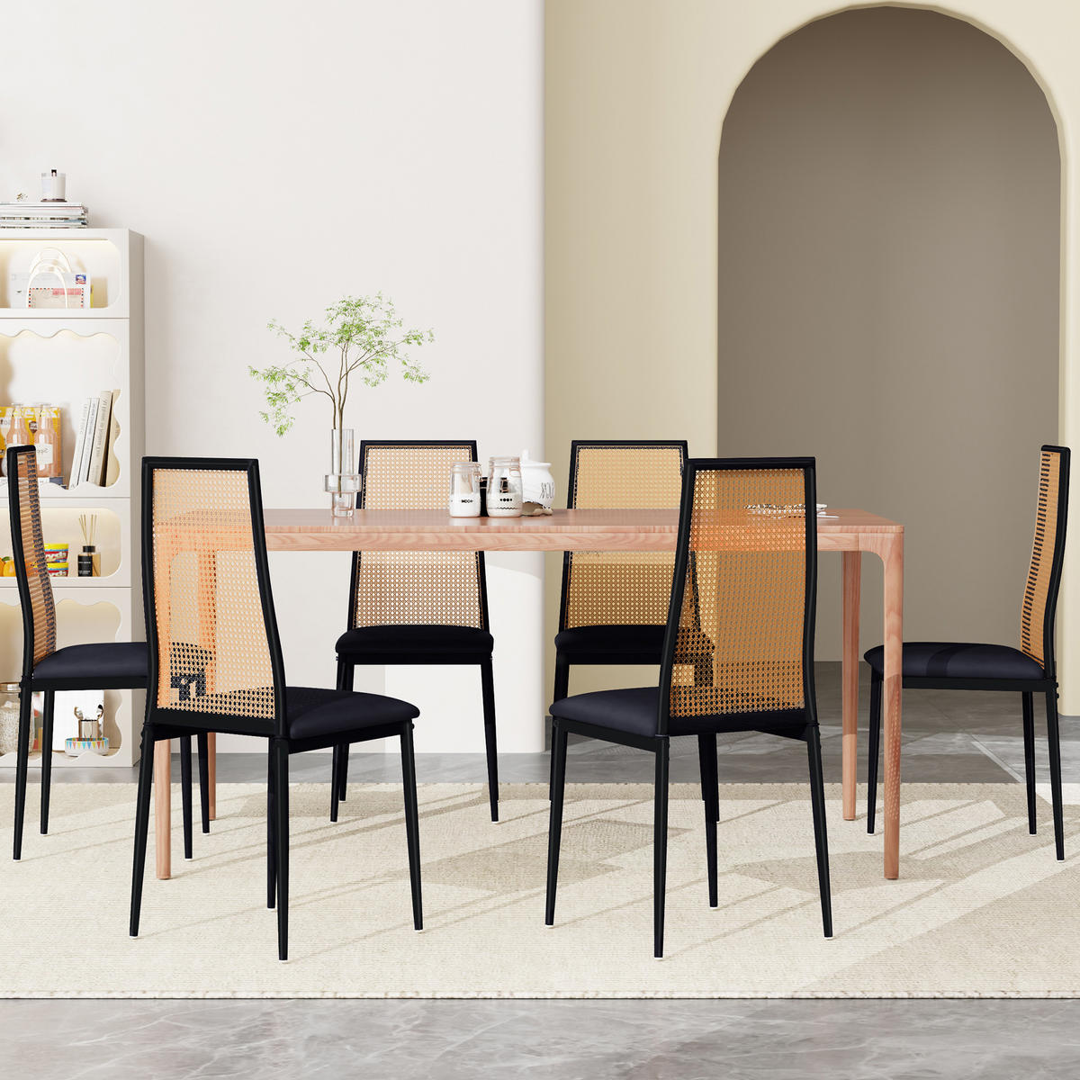 KÜCHENSTÜHLE 2er-Set mit Rattanlehne, Kunstleder & schwarzen Beinen - Schwarz, Holz (44/97.5/40cm)