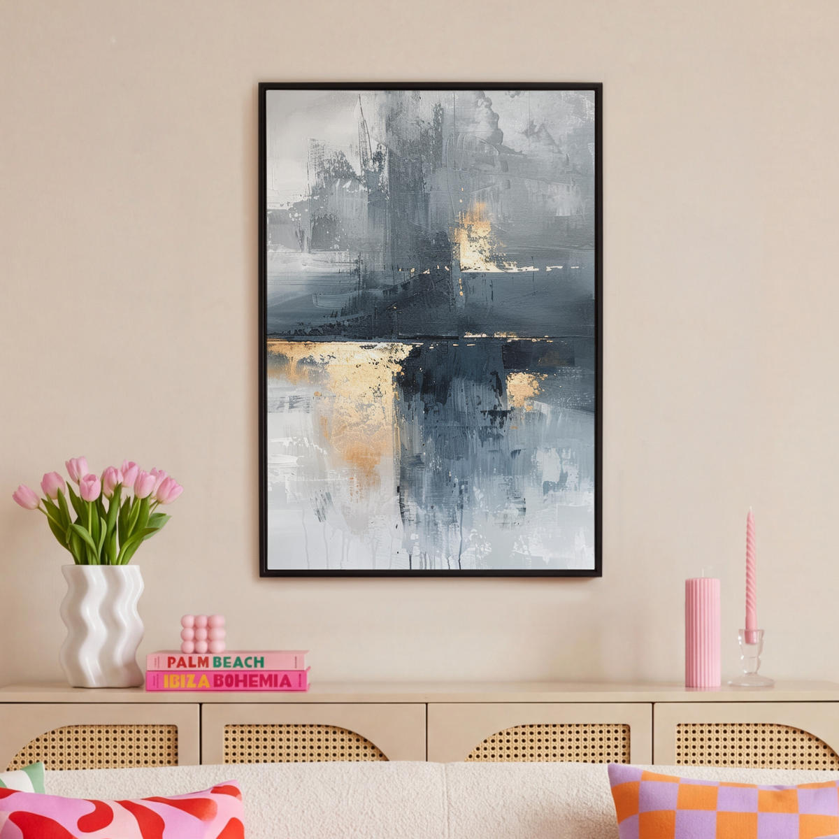 LEINWAND Bilder mit Rahmen - Kunst - Grau - Gold - Abstrakt - 60x90 - Dunkelgrau, Textil (60/90cm) - MuchoWow