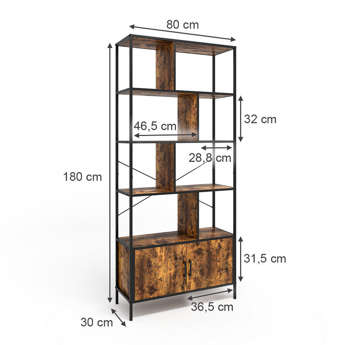 RAUMTEILER Fyrk Eiche rustikal 80 x 180 cm mit 2 Türen - Wildeiche/Schwarz, Holzwerkstoff (80/180/30cm) - Vicco