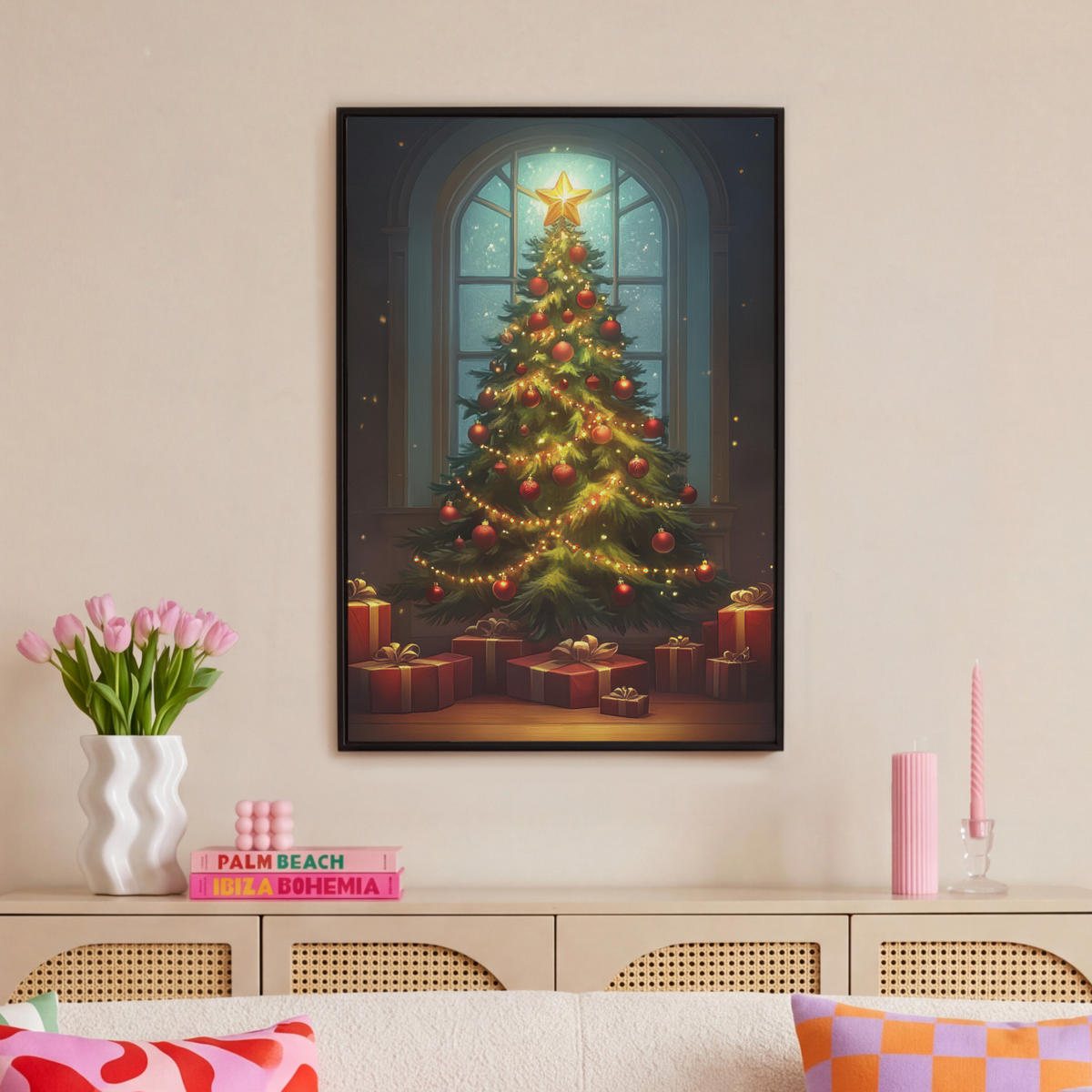 LEINWAND Bilder mit Rahmen - Weihnachtsbaum - Geschenk - Winter - 60x90 - Grün, Textil (60/90cm) - MuchoWow
