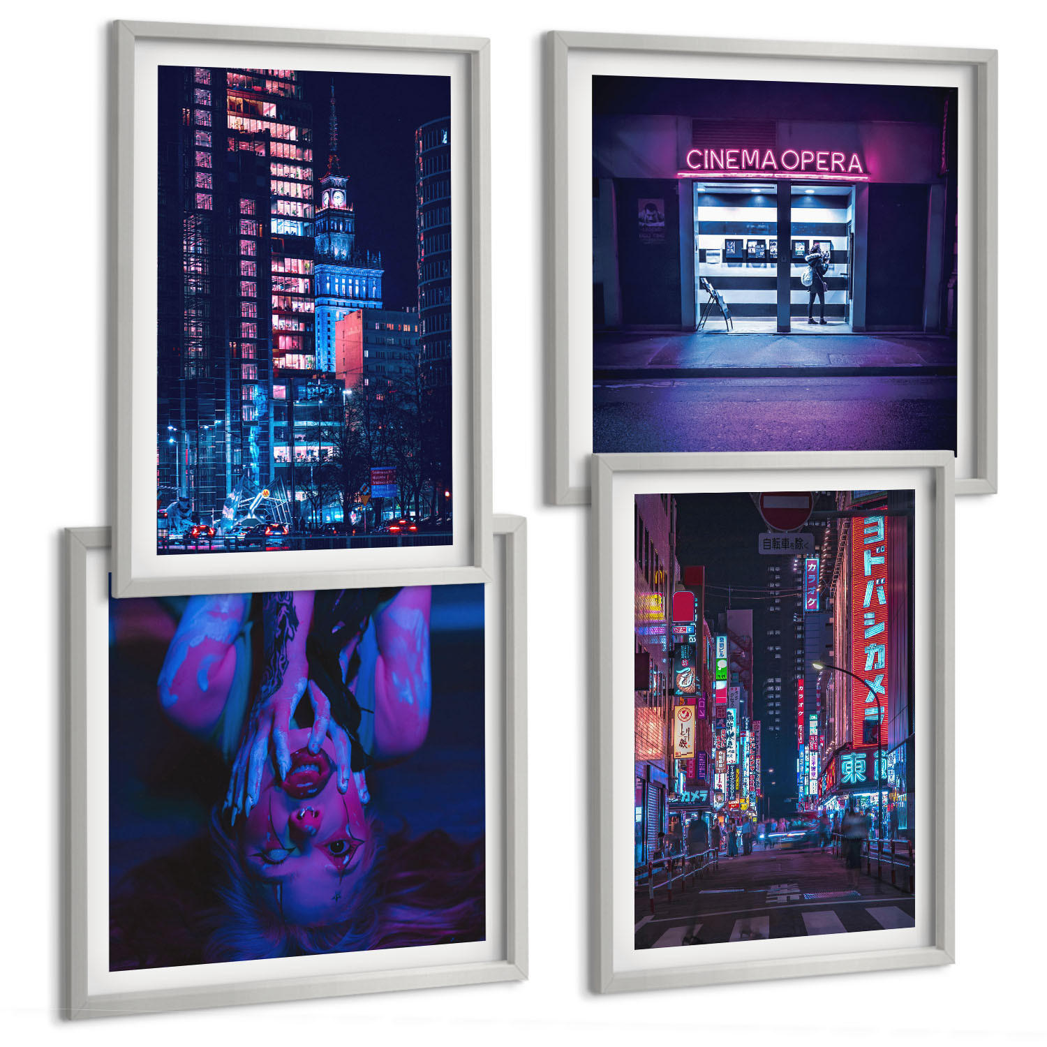 BILDER SET 4er Set - 50x50 cm & 40x60 cm Silberner Rahmen - Nachtstadt mit Neonlichtern - Silberfarben, Kunststoff (50/50cm) - TULUP