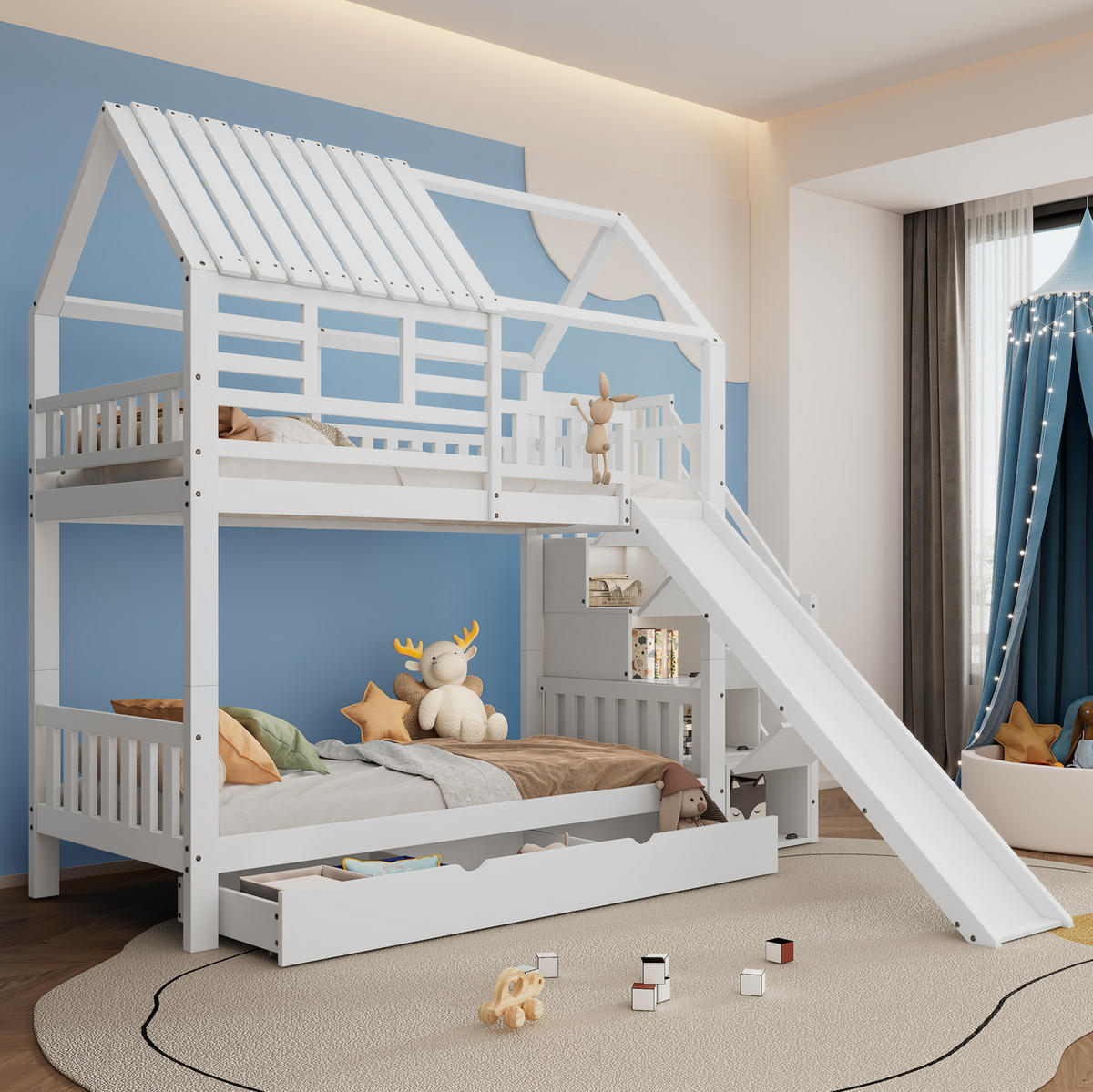 HAUSBETT 90/200 cm mit Rutsche und Treppe mit Stauraum, Weiß - Weiß, Holzwerkstoff (90/200cm) - Flora Grace