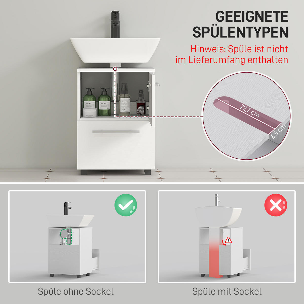 WASCHBECKENUNTERSCHRANK Unterschrank mit Schrankfach, Schublade Weiß - Weiß, Holzwerkstoff (35.5/59/41.5cm) - HOMCOM