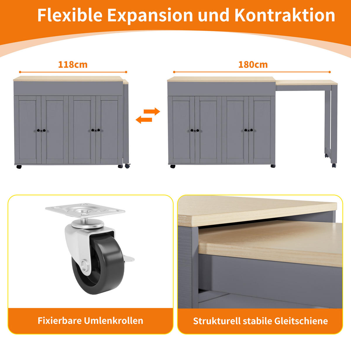 BARTISCH Ausziehbarer aus MDF mit Stauraum, 117-180/50/94,6 cm, Grau - Grau, Holzwerkstoff (50/94.6/117cm) - Redom