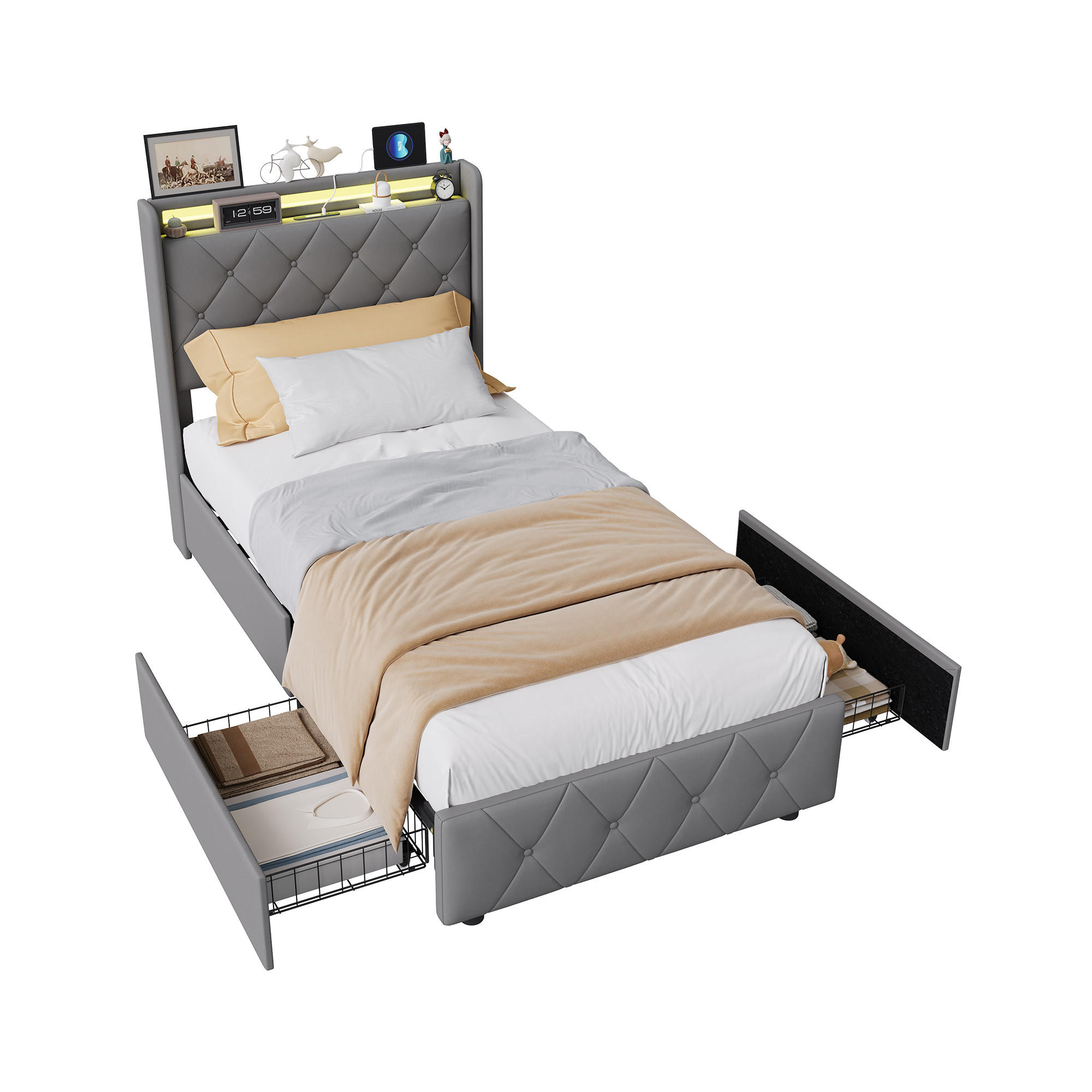 POLSTERBETT 90x200 cm, Zwei Schubladen mit Rollen, RGB LED, USB-/Typ-C-Anschlüsse, Samtstoff, Grau - Grau, Holz (90/200cm) - BRILVERDE