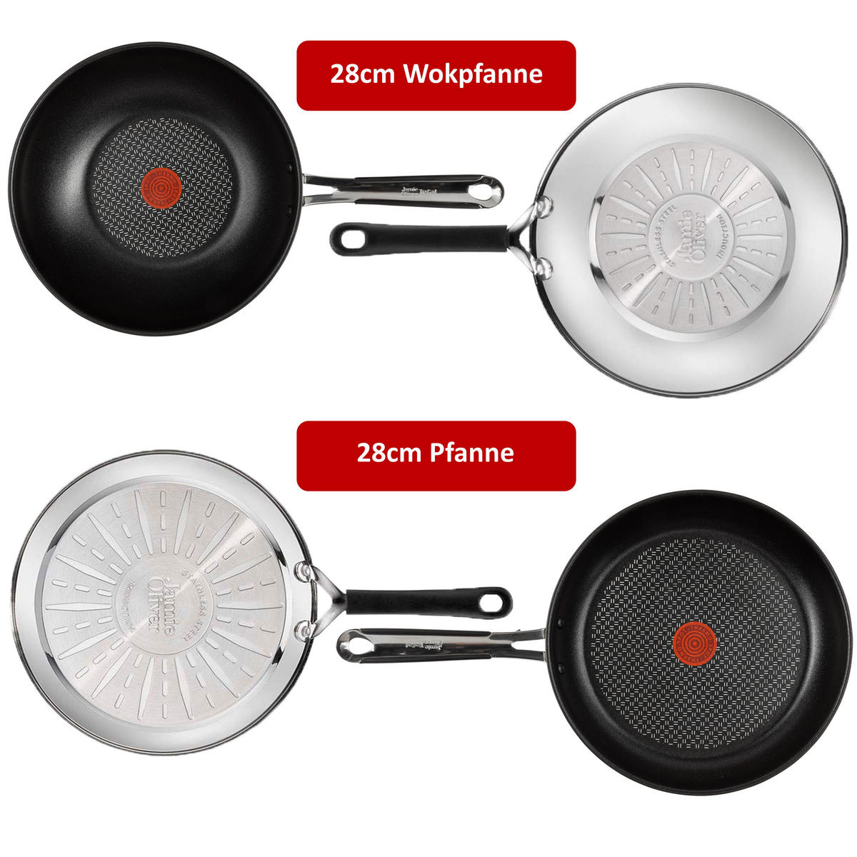 PFANNENSET Bratpfanne Jamie Oliver Edelstahl Induktion E76 26 cm Wokpfanne 28 cm Antihaft Titanium Excellence Spülmaschinenfest - Silberfarben/Schwarz, Keramik/Metall - Tefal