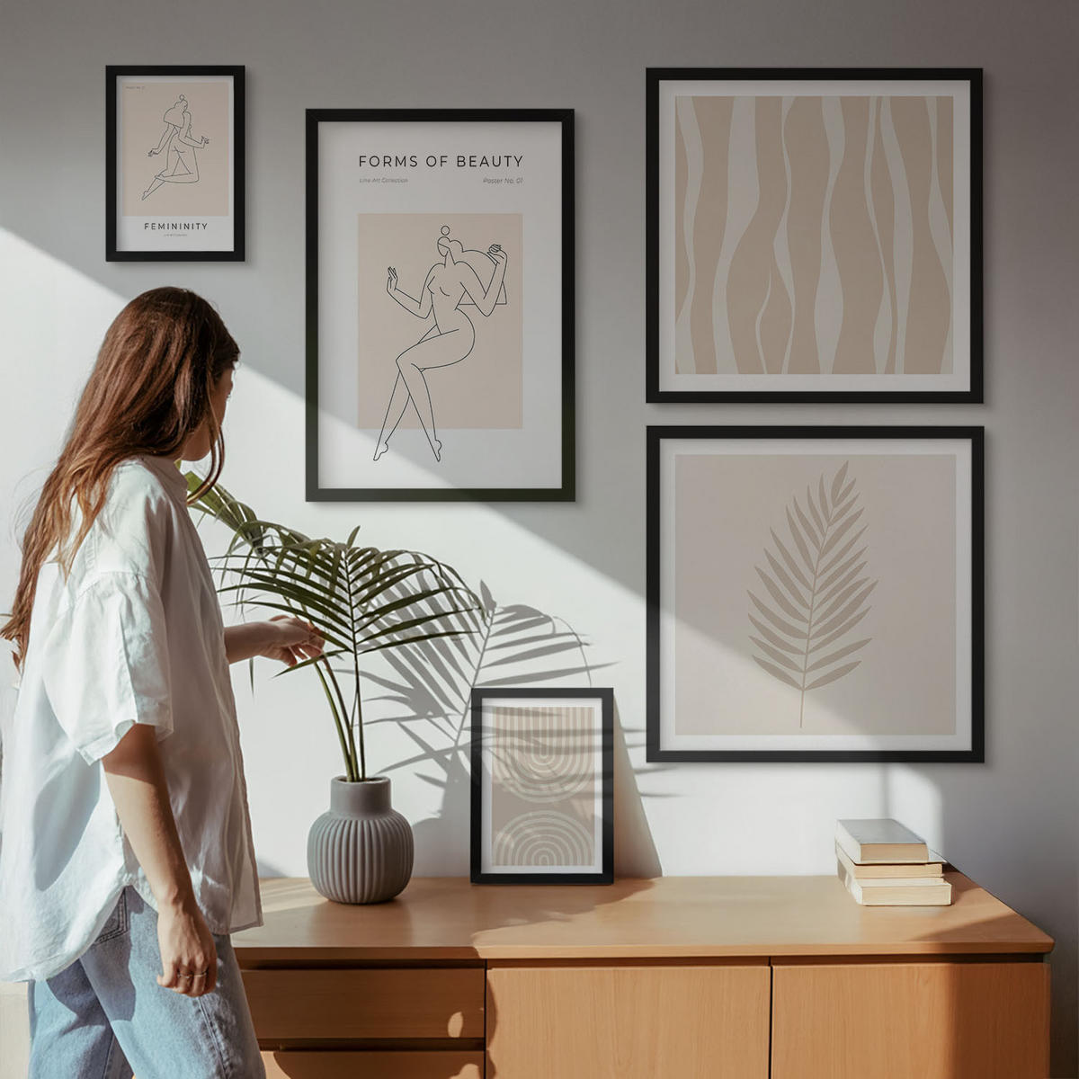 BILDER SET 5er Set - 50x50 cm & 20x30 cm & 40x60 cm Schwarzer Rahmen - Abstrakte Boho-Dekorationen - Schwarz, Kunststoff (40/60cm) - TULUP