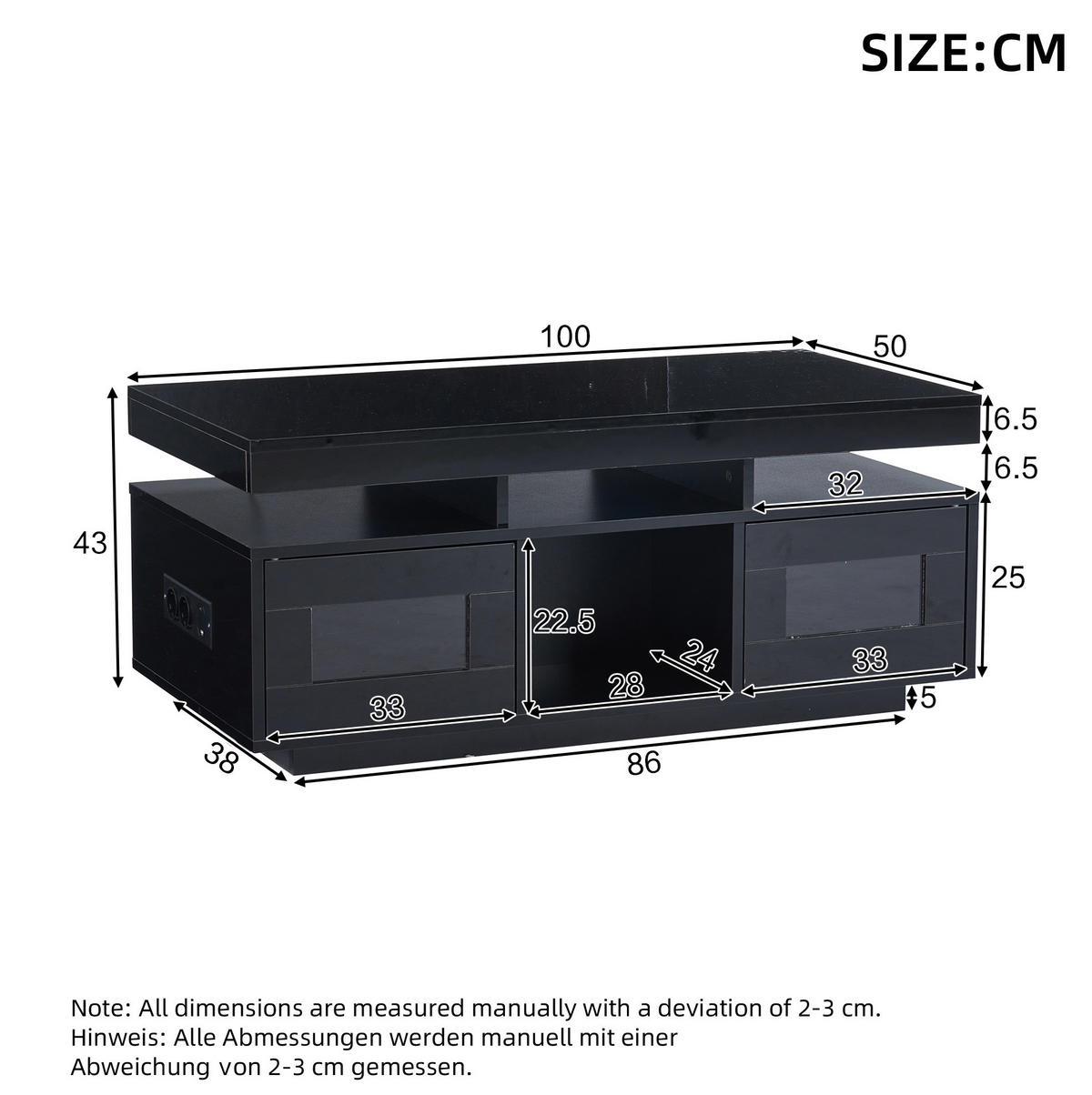 KONFERENČNÍ stolek 100/50/43 cm černý z dřevotřísky s LED osvětlením a zásuvkou - černá, kompozitní dřevo (100/50/43cm) - OKWISH