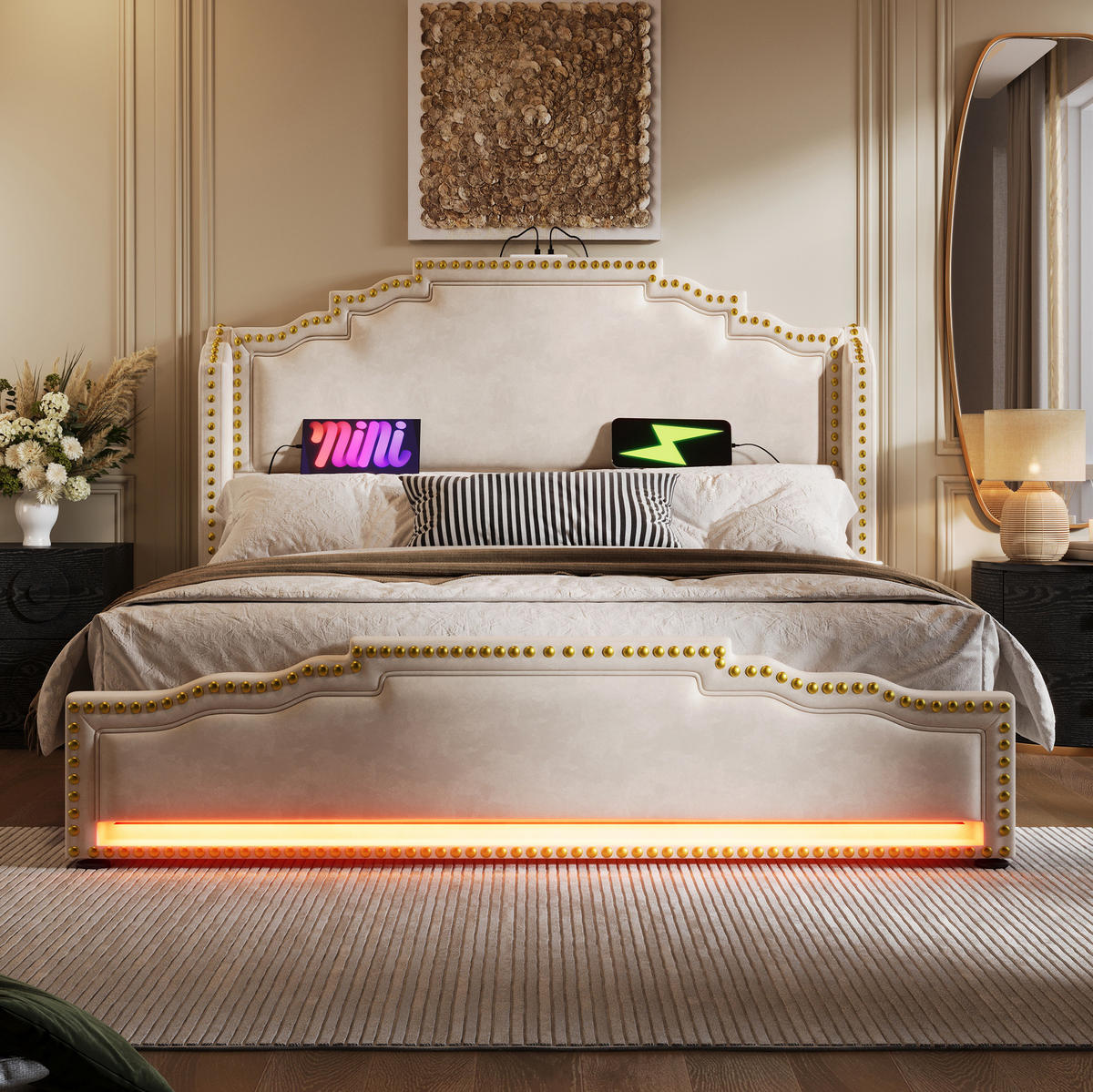 OBLAZINJENA postelja 160/200 cm z LED osvetlitvijo, USB-C priključkom, 4 predali in vzmetnico, Bež - bež, tekstil (160/200cm) - Redom