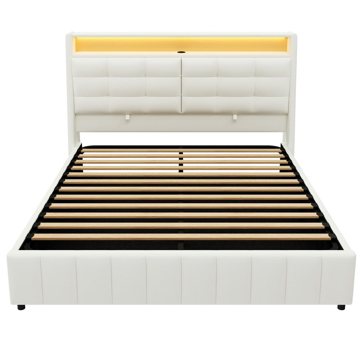 POLSTERBETT 160/200 cm mit LED-Beleuchtung, USB-Anschluss, Stauraum und verstellbarem Kopfteil, Weiß - Weiß, Holzwerkstoff (160/200cm) - Redom