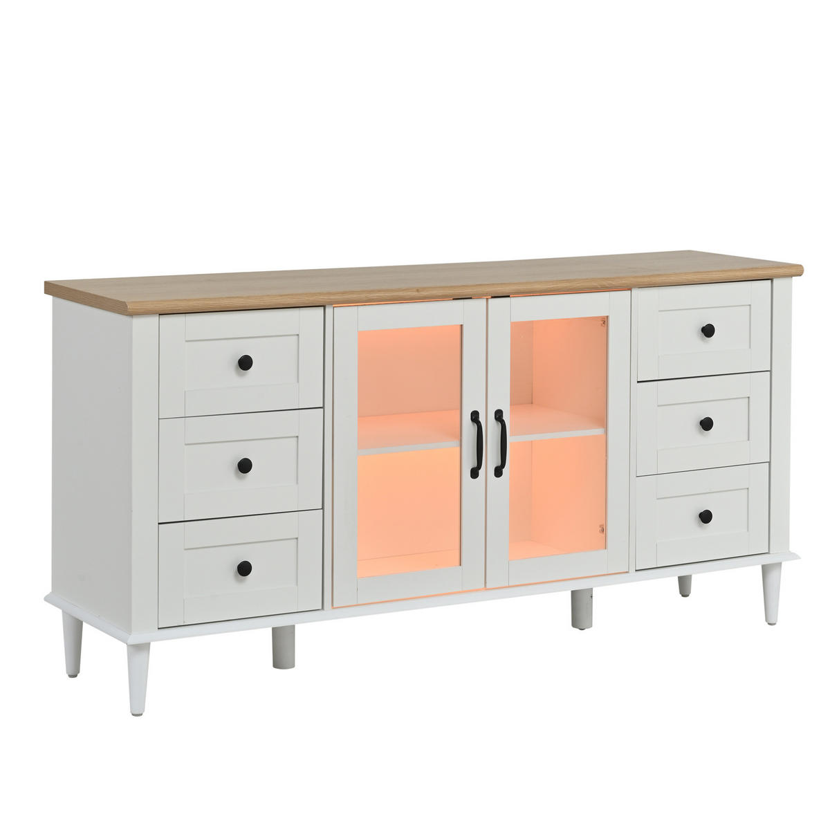 SIDEBOARD 150/40/75 cm mit 6 Schubladen, 2 Acryltüren und LED-Beleuchtung, Weiß/Holzton - Weiß, Holzwerkstoff (150/75/40cm) - Redom