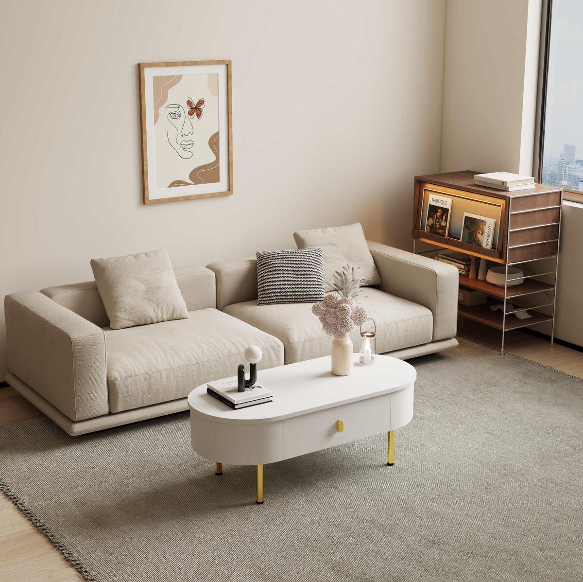 COUCHTISCH, MDF weiß mit goldenen Griffen und Beinen, 2 Schubladen, 108/50/40 cm, Weiß und Gold - Weiß, Holzwerkstoff (108/50/40cm) - Redom