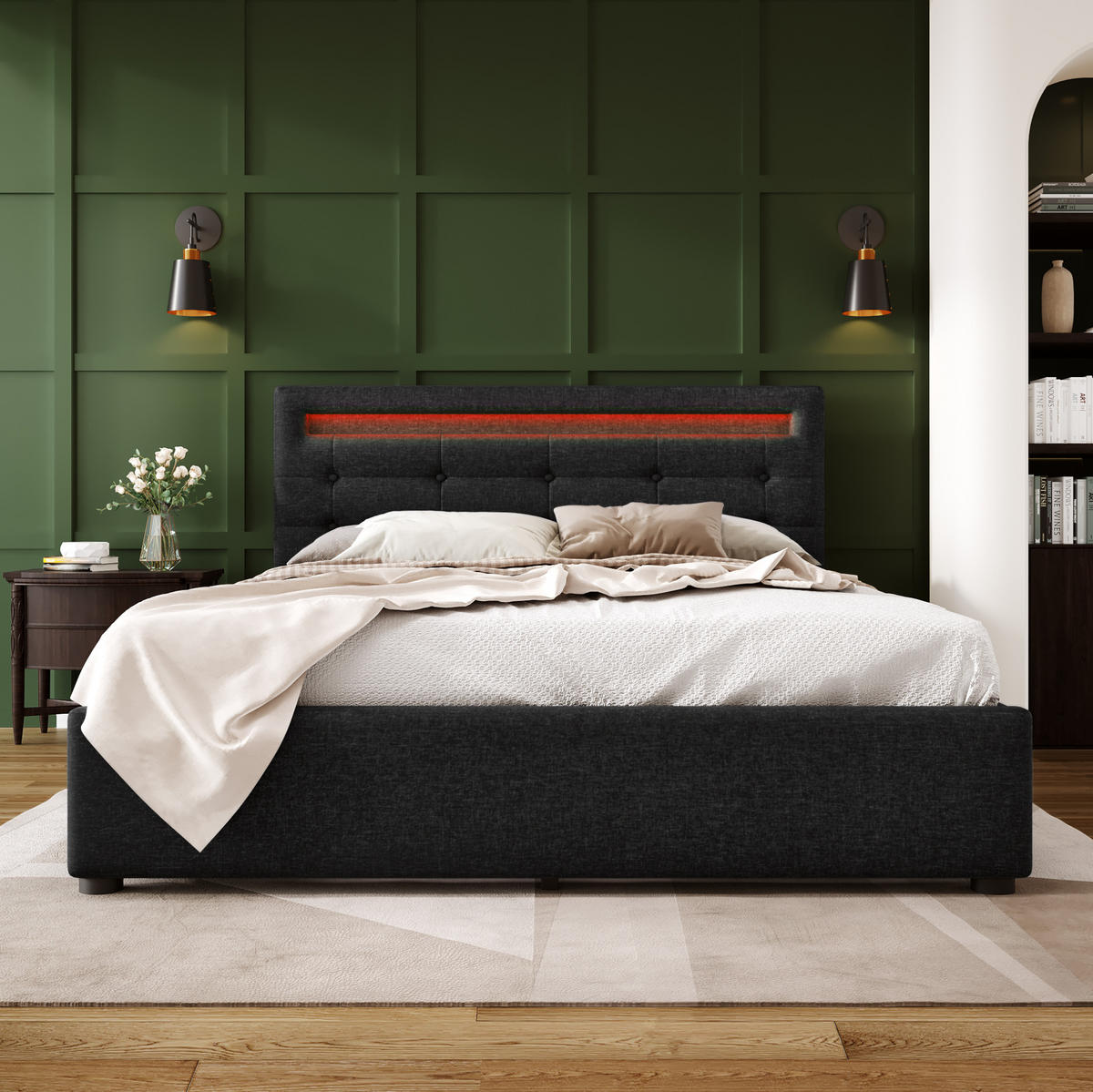 BETT mit LED und 4 Schubladen 140x200 cm Leinen Schwarz inkl. Matratze - Schwarz, Metall (140/200cm) - Meubliv