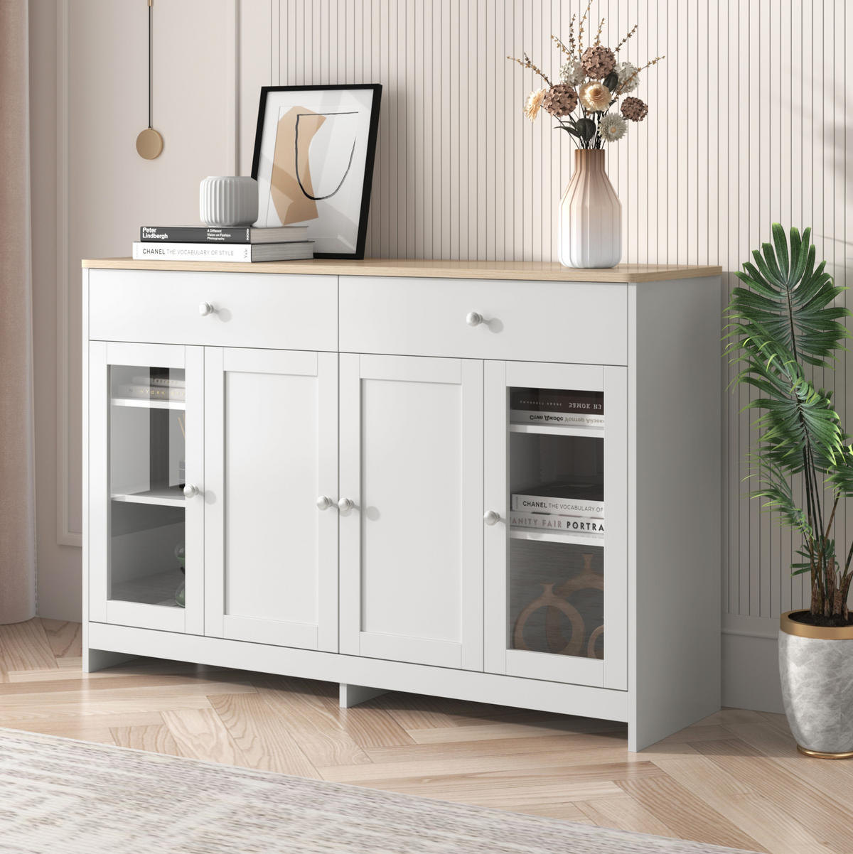 SIDEBOARD 120/37/80 cm in Weiß und Holzfarben mit 4 Türen und 2 Schubladen - Weiß, Holzwerkstoff (120/80/37cm) - Flora Grace