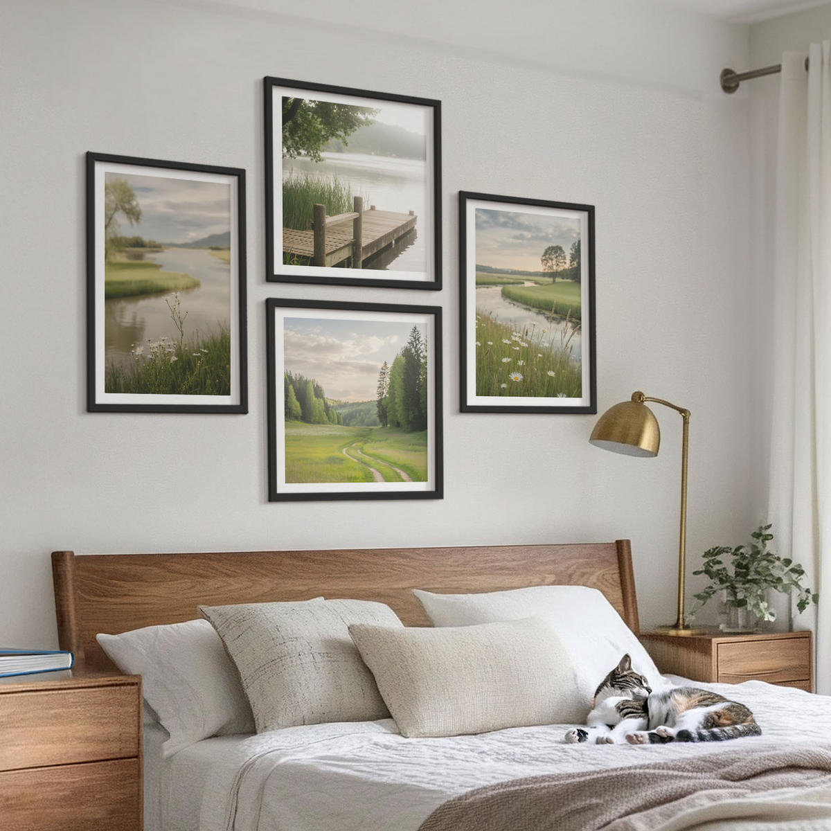 BILDER SET 4er Set - 50x50 cm & 40x60 cm Schwarzer Rahmen - Sommerlandschaften Flusswiese - Schwarz, Kunststoff (50/50cm) - TULUP