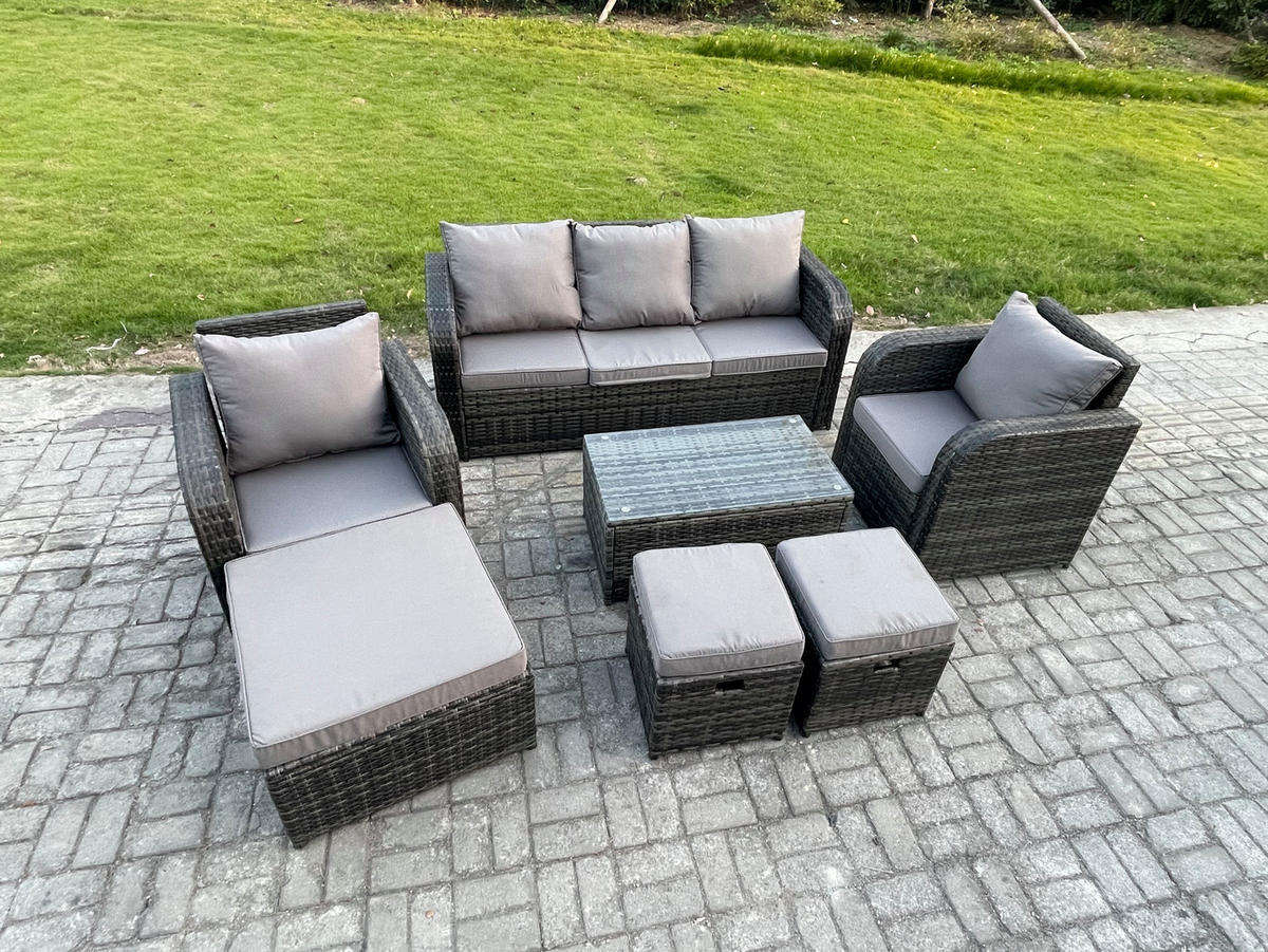 GARTENMÖBELSET mit Couchtisch Polyrattan 8-Sitzer - Dunkelgrau/Grau, Glas/Kunststoff - Fimous
