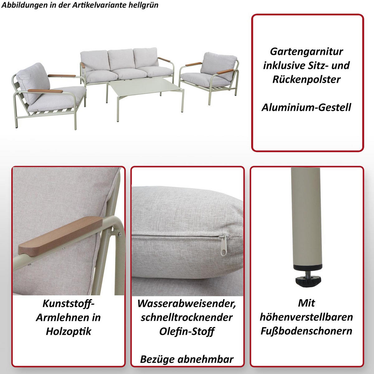 GARTENGARNITUR Hellgrün, Beige 1x 3-Sitzer Gartenbank, 2x Sessel und 1x Tisch-Set - Beige/Hellgrün, Metall - MCW