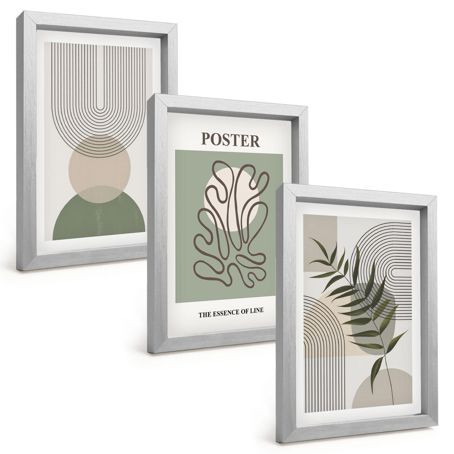 BILDER SET 3er Set - 20x30 cm Silberner Rahmen - Geometrische botanische Muster - Silberfarben, Kunststoff (20/30cm) - TULUP