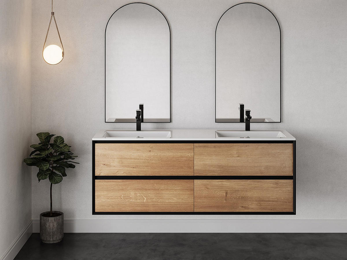 WASCHBECKENUNTERSCHRANK hängend - Holzfarben hell & Schwarz - 150 cm - LANNICK - Schwarz, Holz (150/55/45.6cm) - Vente-Unique