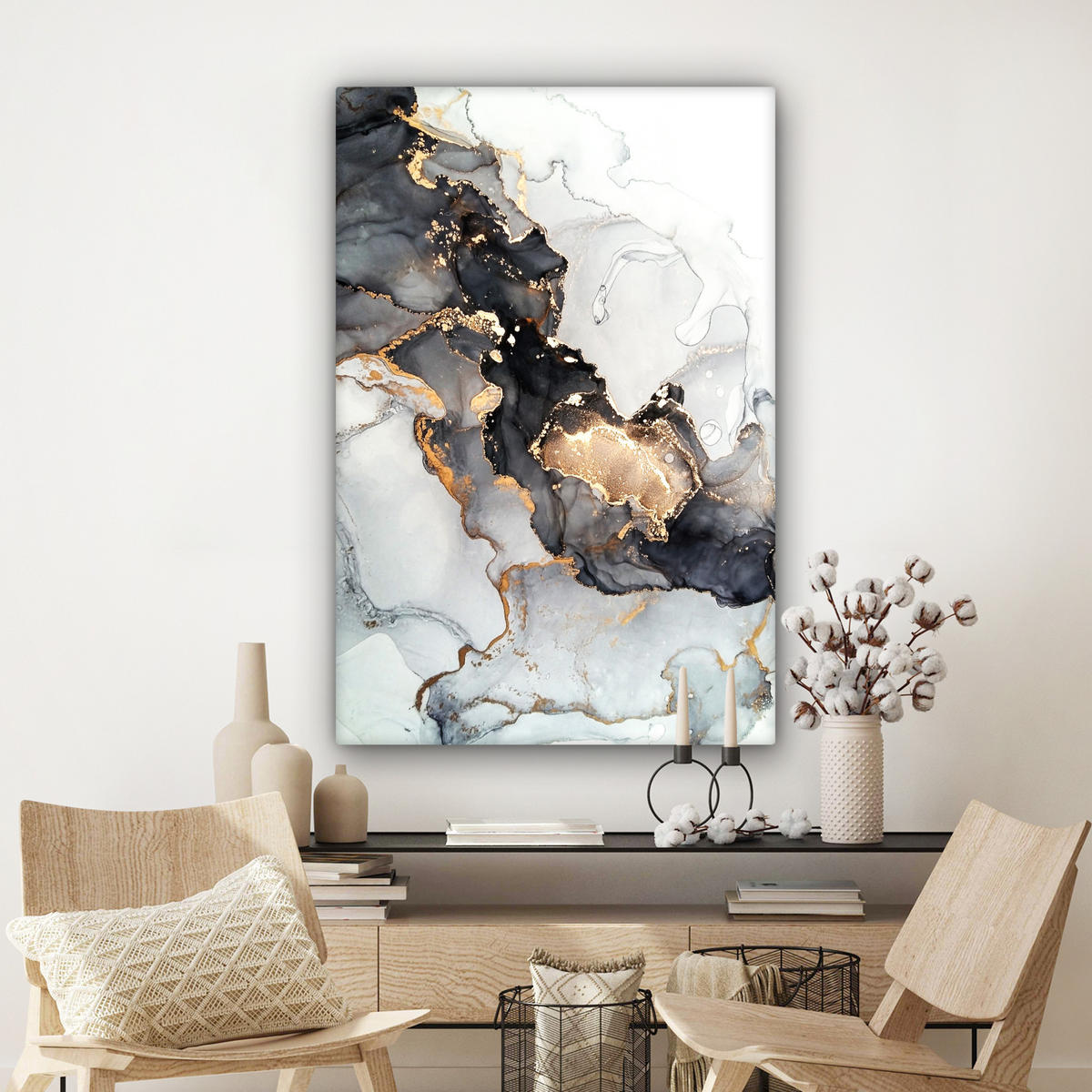 LEINWANDBILD Marmor - Schwarz - Weiß - Gold - Luxus - Abstrakt Deko Groß 90x140 cm - Goldfarben, Textil (90/140cm) - MuchoWow