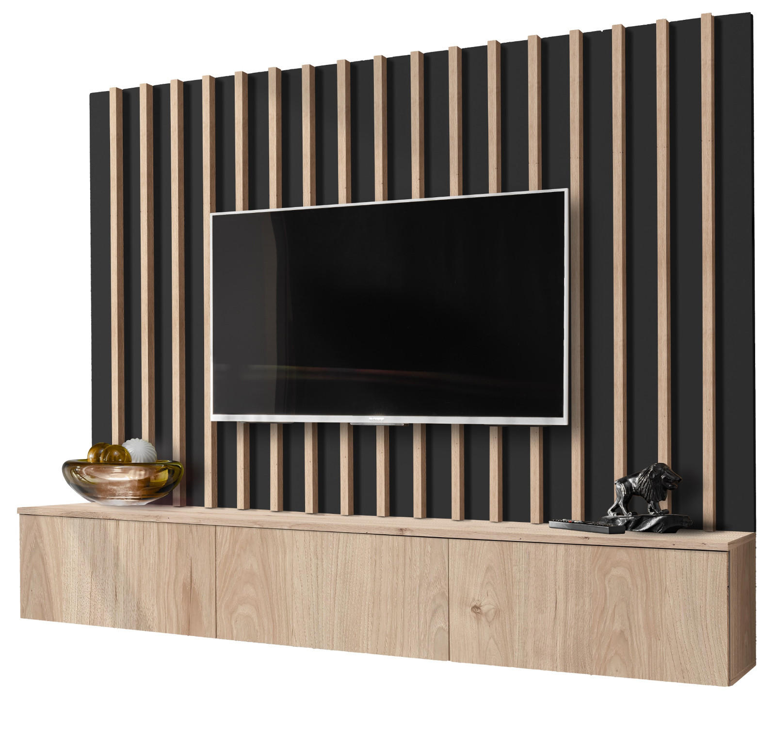 WOHNWAND schwarz, Eiche Jackson 220 cm, Schrankwand mit LED Beleuchtung - Eichefarben/Schwarz, Glas/Holzwerkstoff (220/148/35cm) - Furn.Design