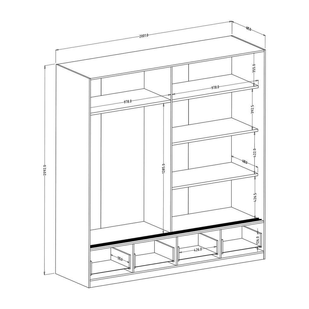 Thumbnail - Masseno Schwebetürenschrank, Eiche, Holzwerkstoff, 4 Fächer, Rechteckig, 200x209x61 cm, Schlafzimmer, Kleiderschränke, S...