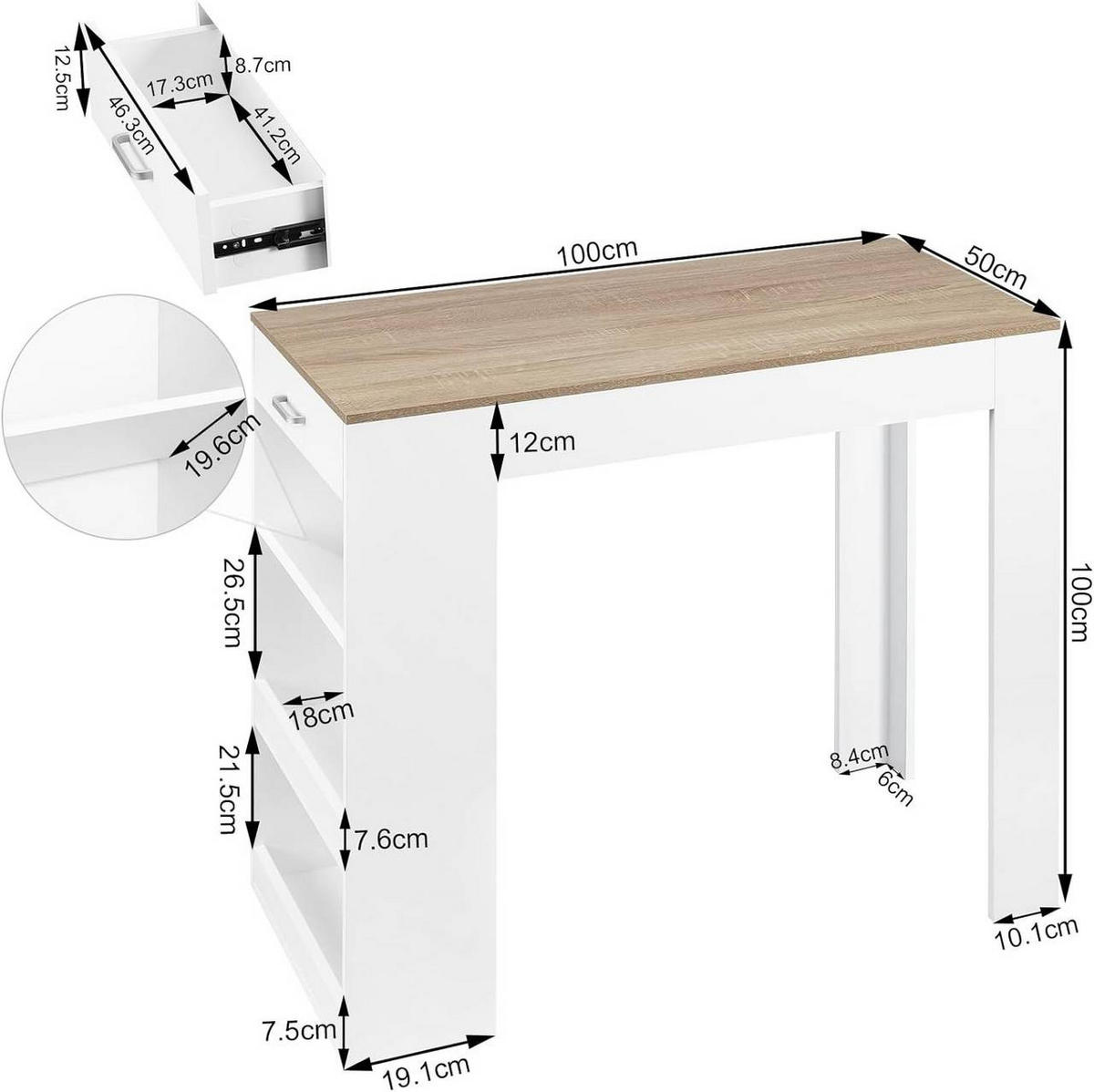 BARTISCH mit 1 Schublade 3 Ablagen, Weinregal, Weiß + Helleiche - Eichefarben/Weiß, Holzwerkstoff (100/100/50cm) - Woltu
