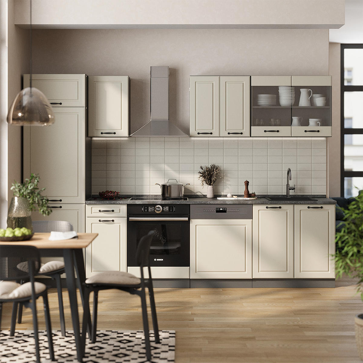 KÜCHENZEILE R-Line, Sand Landhaus/Anthrazit, 300 cm Arbeitsplatte Goldkraft Eiche - Beige/Anthrazit, Holzwerkstoff (300/206.8/60cm) - Vicco