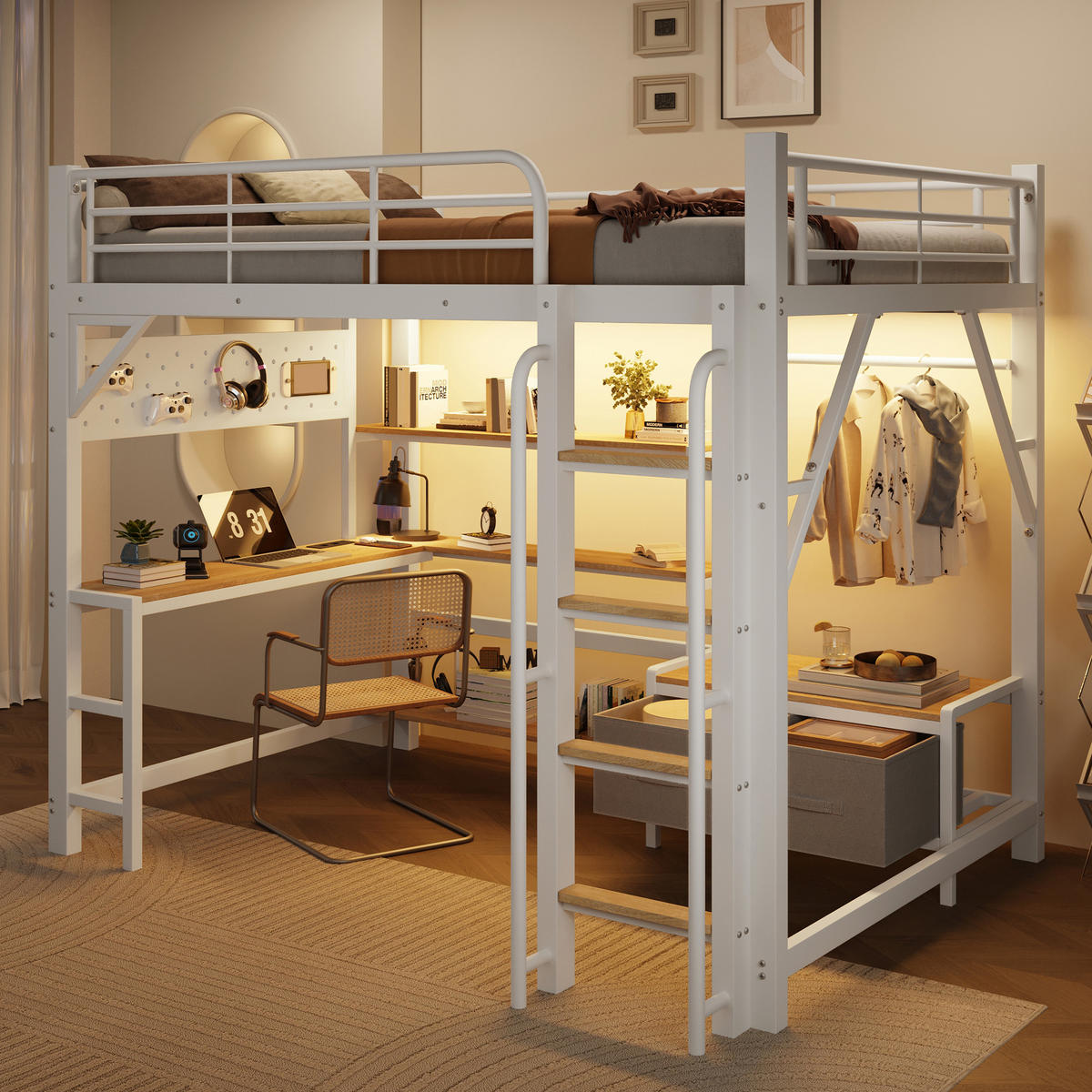 HOCHBETT 140x200cm, Eisen, Lochwand, Regale, Schubladen, Schreibtisch, USB, LED, Geländer, ohne Matratze, Weiß - Weiß, Holzwerkstoff (140/200cm)
