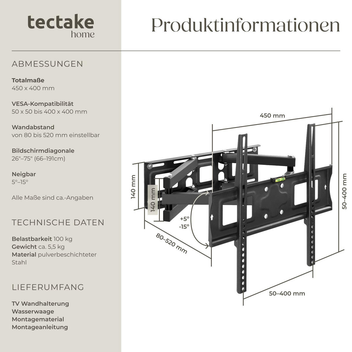 TV-WANDHALTERUNG, bis 100 kg, schwarz - Schwarz, Metall (45/40/52cm) - tectake