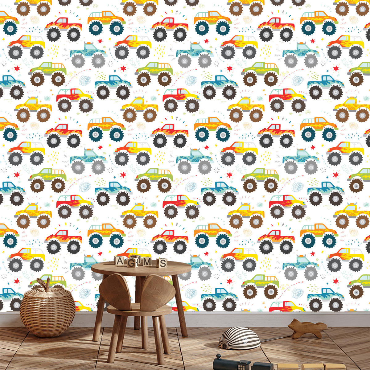 VLIESTAPETE Monstertrucks – Bunt, Weiß – 50x1000 cm - Multicolor/Weiß, Papier (50/1000cm) - Muralo
