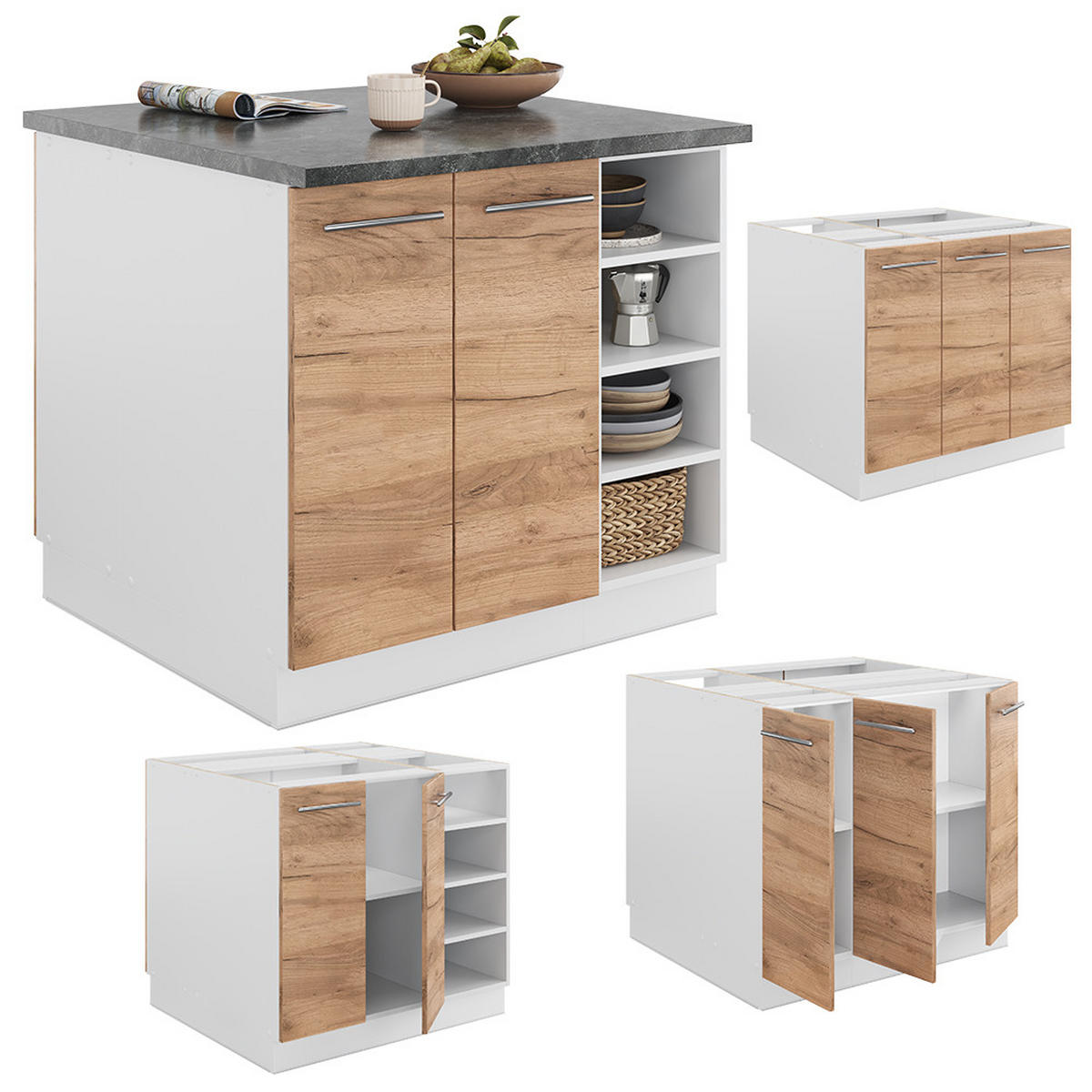 KÜCHENINSEL Fame-Line Goldkraft Eiche/Weiß 90 cm ohne AP - Honigeiche/Eiche Wotan, Holzwerkstoff (90/82/82cm) - Vicco