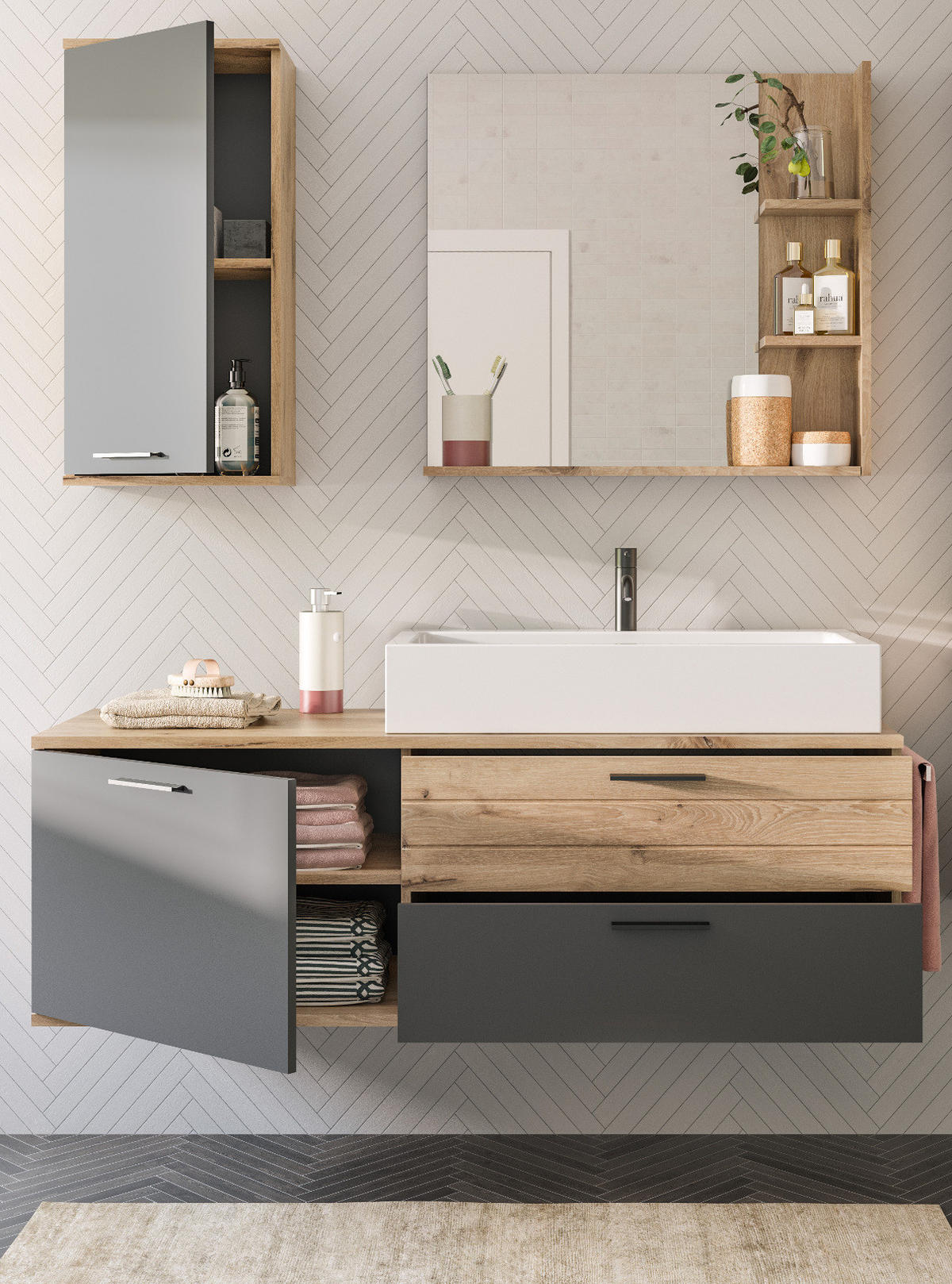 BADMÖBEL-SET Eiche grau 4-teilig 140 cm inkl. Waschbecken, Soft-Close - Eichefarben/Grau, Glas/Keramik (140/152/46cm) - Inn.Furn