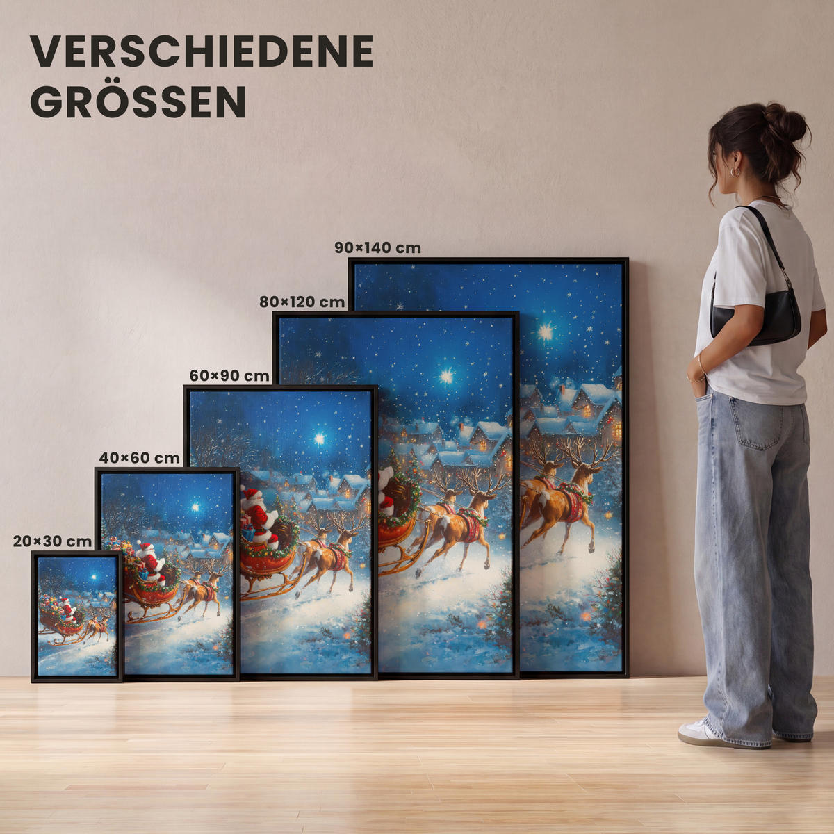 LEINWAND Bilder mit Rahmen - Weihnachtsmann - Rentier - Weihnachten - Schnee - 40x60 - Cognac, Textil (40/60cm) - MuchoWow