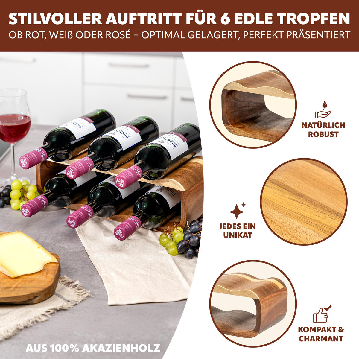 WEINREGAL-SET 6tlg, Akazienholz - Akaziefarben, Holz (38/12.5/16cm) - eluno