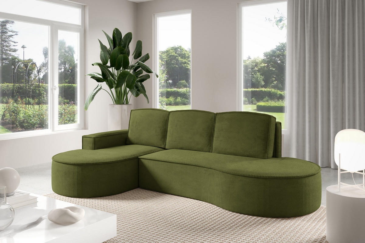 ECKSOFA MOLLY mit Schlaffunktion – Halbrund, freistehend, Liegefläche 140x207 cm, 3 Kissen, Abriamo-Stoff, 277x157x88 cm, Links Grün - Waldgrün, Holz/Textil (157/277cm) - DomoHome