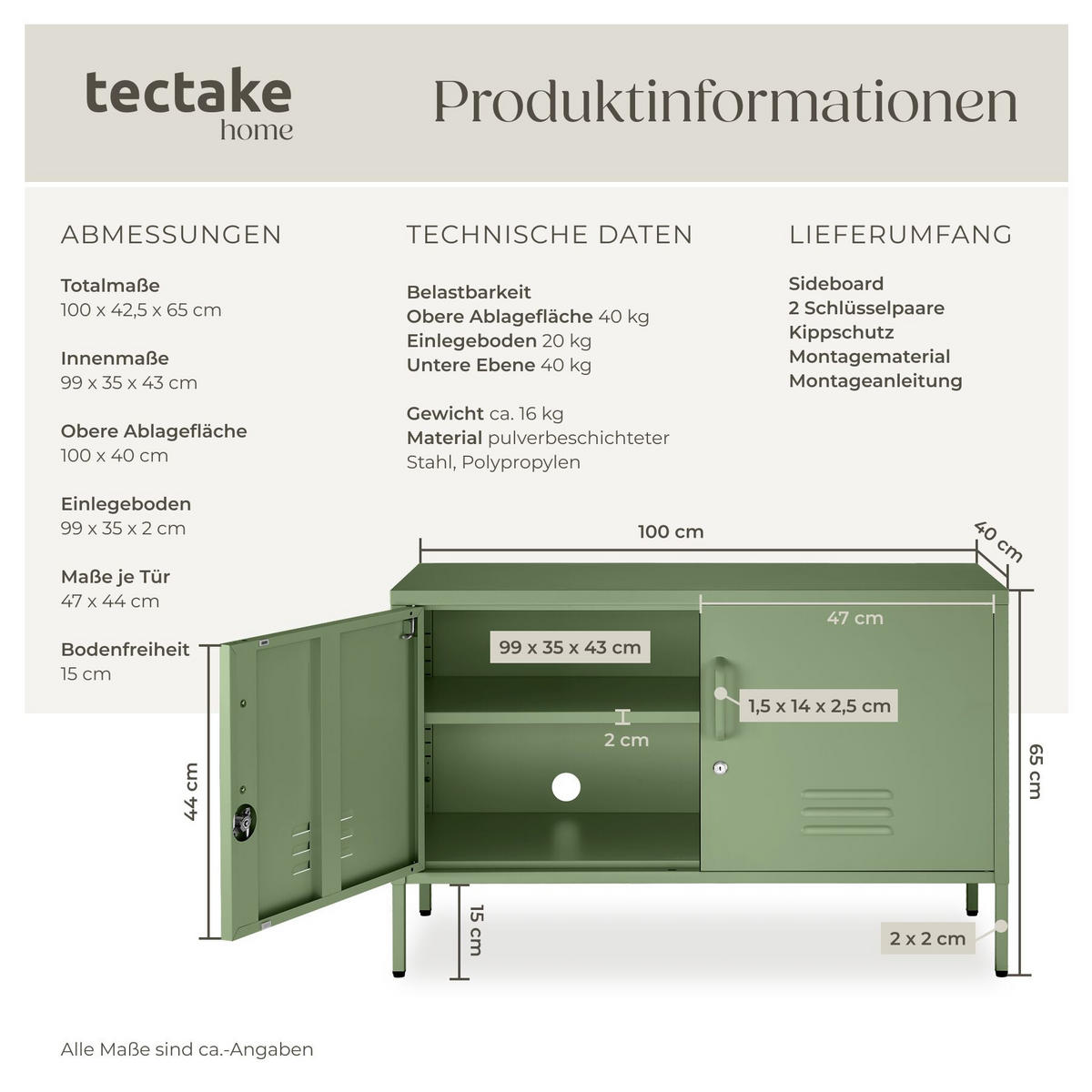 SIDEBOARD Baker, Kippschutz, höhenverstellbare Füße, salbeigrün - Salbeigrün, Metall (100/65/42.5cm) - tectake
