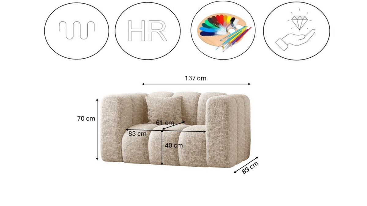 SESSEL Sofa Grand modular stoff Haga Ecru - Ecru, Holz (137/70/89cm) - Kaiser Möbel