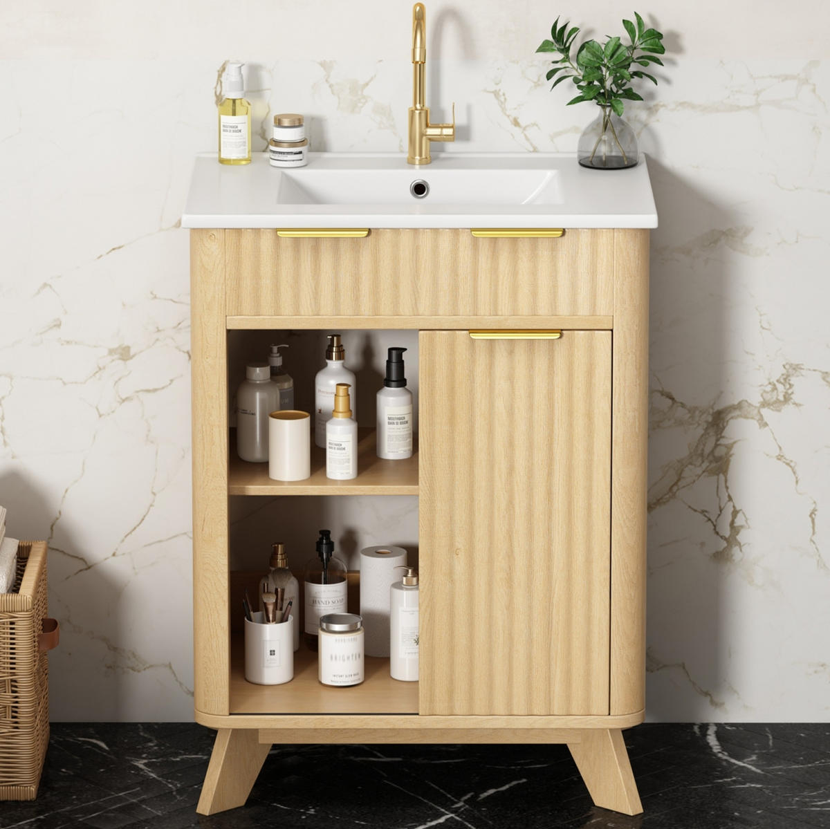 WASCHTISCHKOMMODE aus MDF und Keramik 61x47x90 cm Naturholz mit Schiebetür, 3 Schubladen und Keramikwaschbecken - Eichefarben, Keramik (61/90/47cm) - Modfu