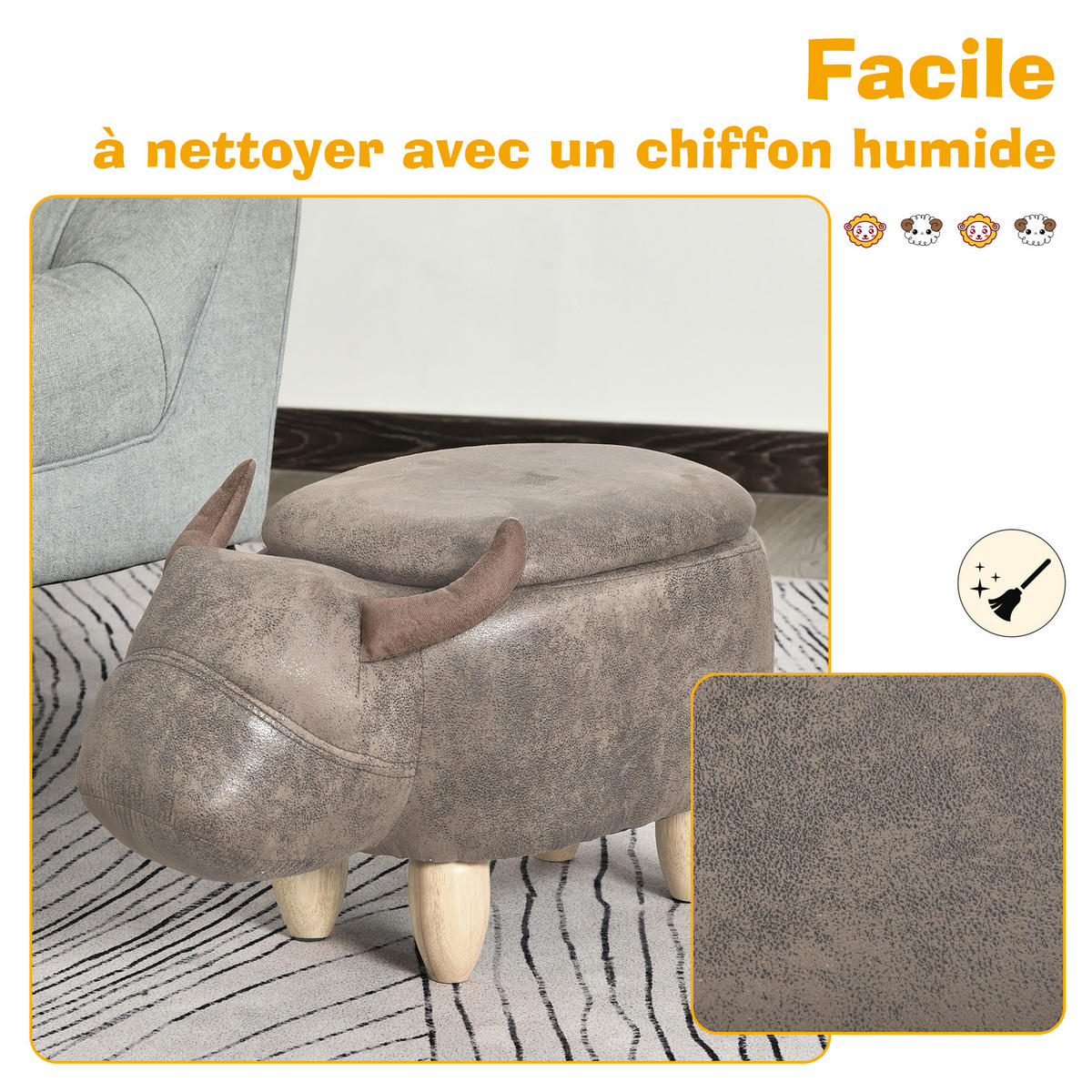 POUF DE-16365 mit Stauraum und Tierkopf-Design Braun - Braun, Textil (35/36/62cm) - ComfortXL