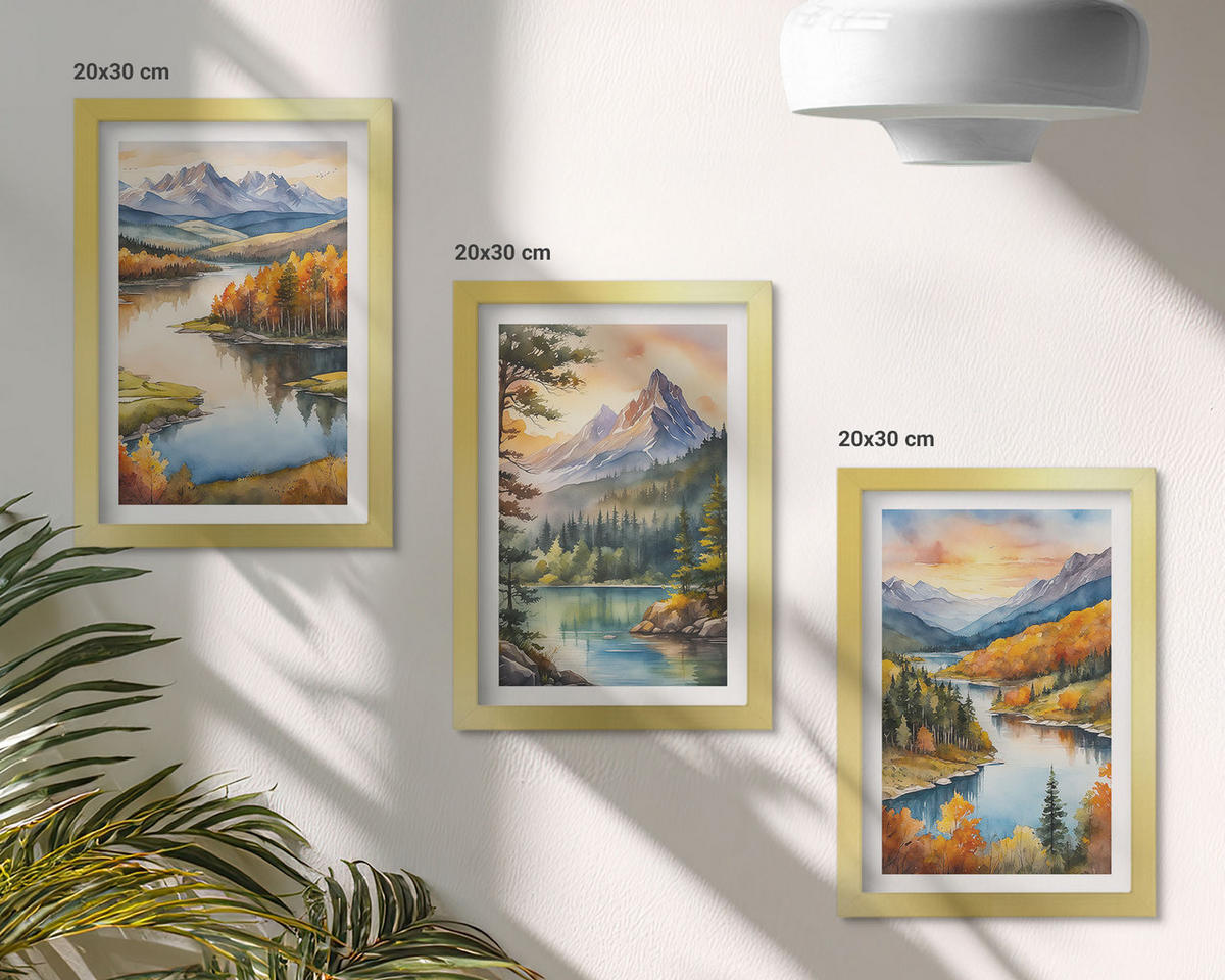 BILDER SET 3er Set - 20x30 cm Goldrahmen - Berglandschaften mit einem Fluss - Goldfarben, Kunststoff (20/30cm) - TULUP