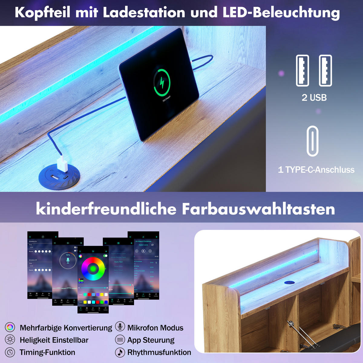 KINDERBETT 90/200/190 cm in Natur aus MDF mit Ausziehbett, LED und Stauraum - Naturfarben, Holzwerkstoff (90/200cm) - OKMYHOME