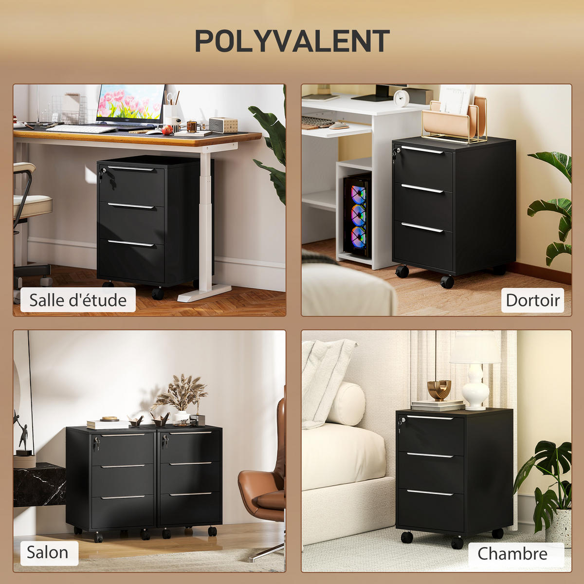 ROLLCONTAINER DE-14472 3 Schubladen abschließbar Schwarz - Schwarz, Holzwerkstoff (40/63.5/40cm) - ComfortXL