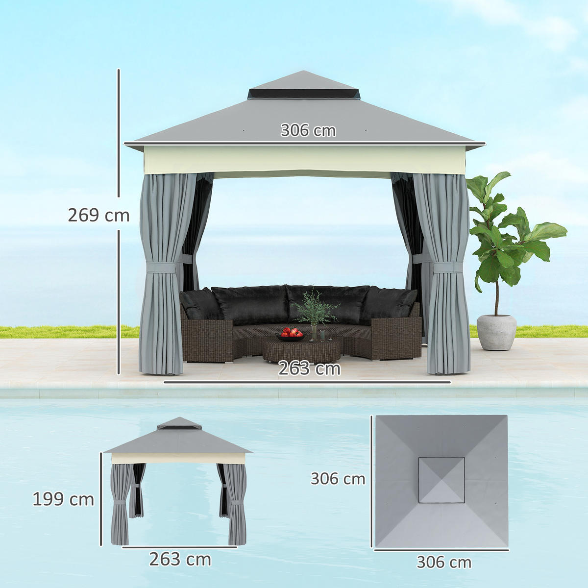 PAVILLON mit Doppeldach - Dunkelgrau, Metall (306/269/306cm) - Outsunny