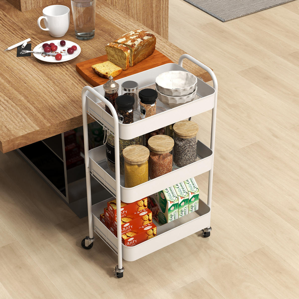 SERVIERWAGEN Rollwagen mit 3 Etagen, für Küche, Wohnzimmer, Stahl, Weiß - Weiß, Metall (30.6/79/45cm) - HOMCOM