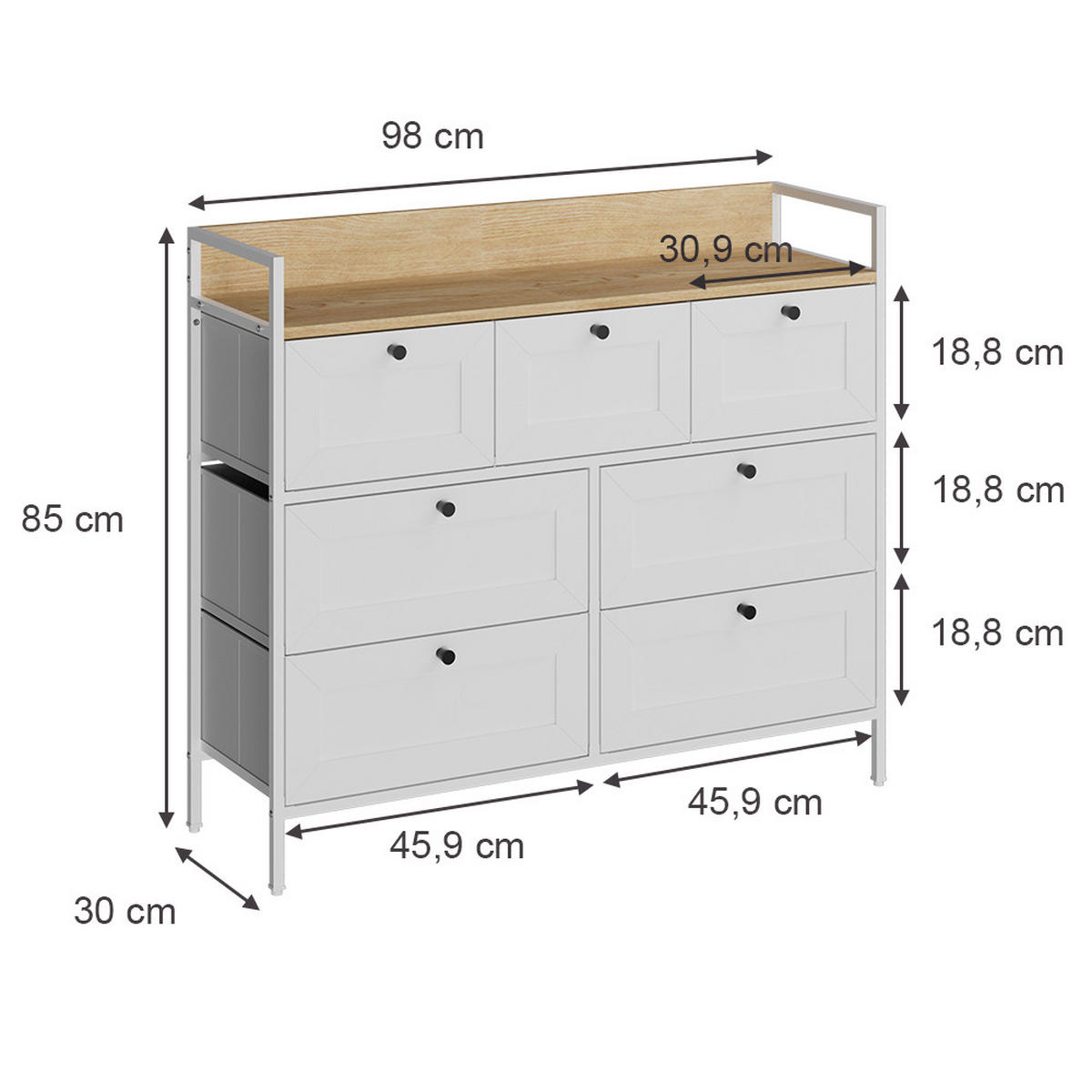 KOMMODE Belaro Weiß 98 x 85 cm mit 7 Schubladen - Weiß, Holzwerkstoff (98/85/30cm) - Vicco